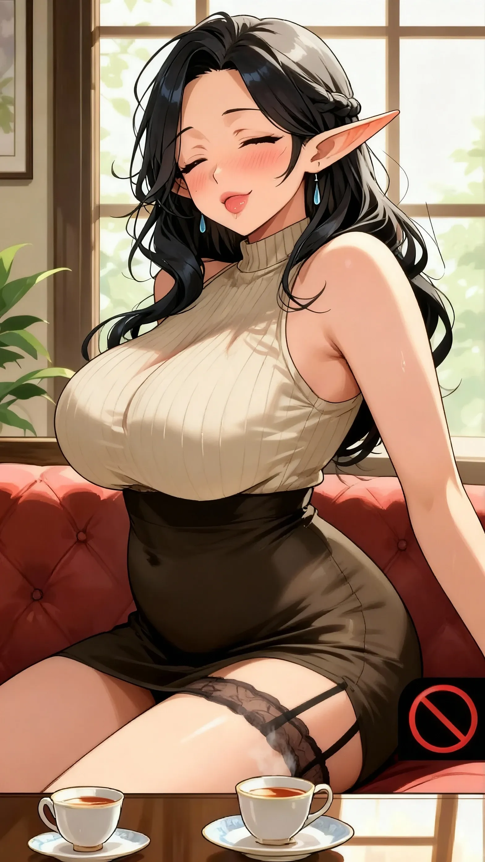  hot  beautiful cute milf ,long black hair,  hair  between eyes,  butterfly  earrings , red lipstick ,perfect body , detailed black eyes, ???????????, off shoulder sweater ????????????,???? legs