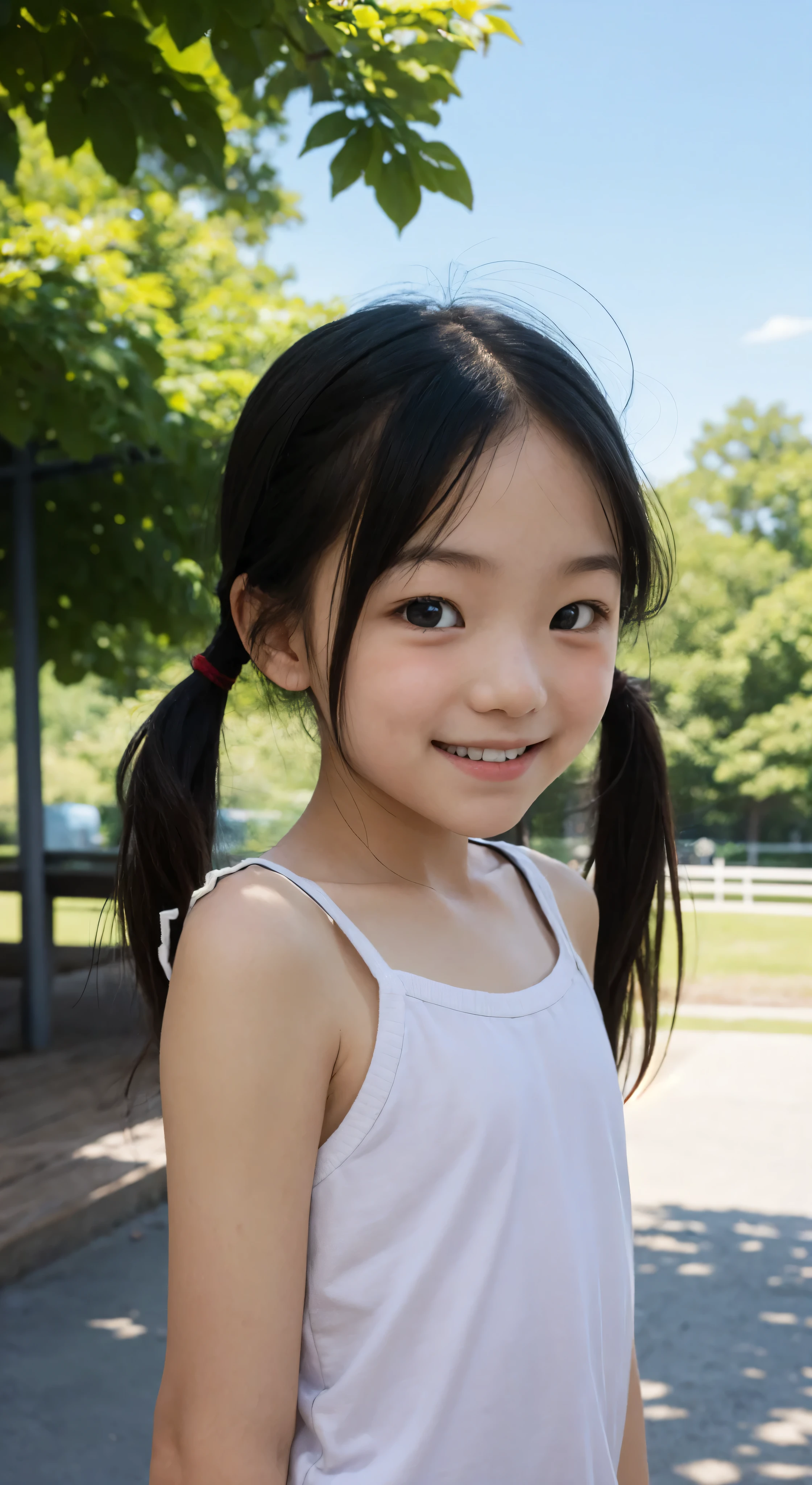 公園で笑っているyoungerかわいい女の子, Narrow Shoulder, cute faces getting creampied, white skin, younger, flat chest,(braids:0.5),(twin tails:0.5),(ponytail:0.5)