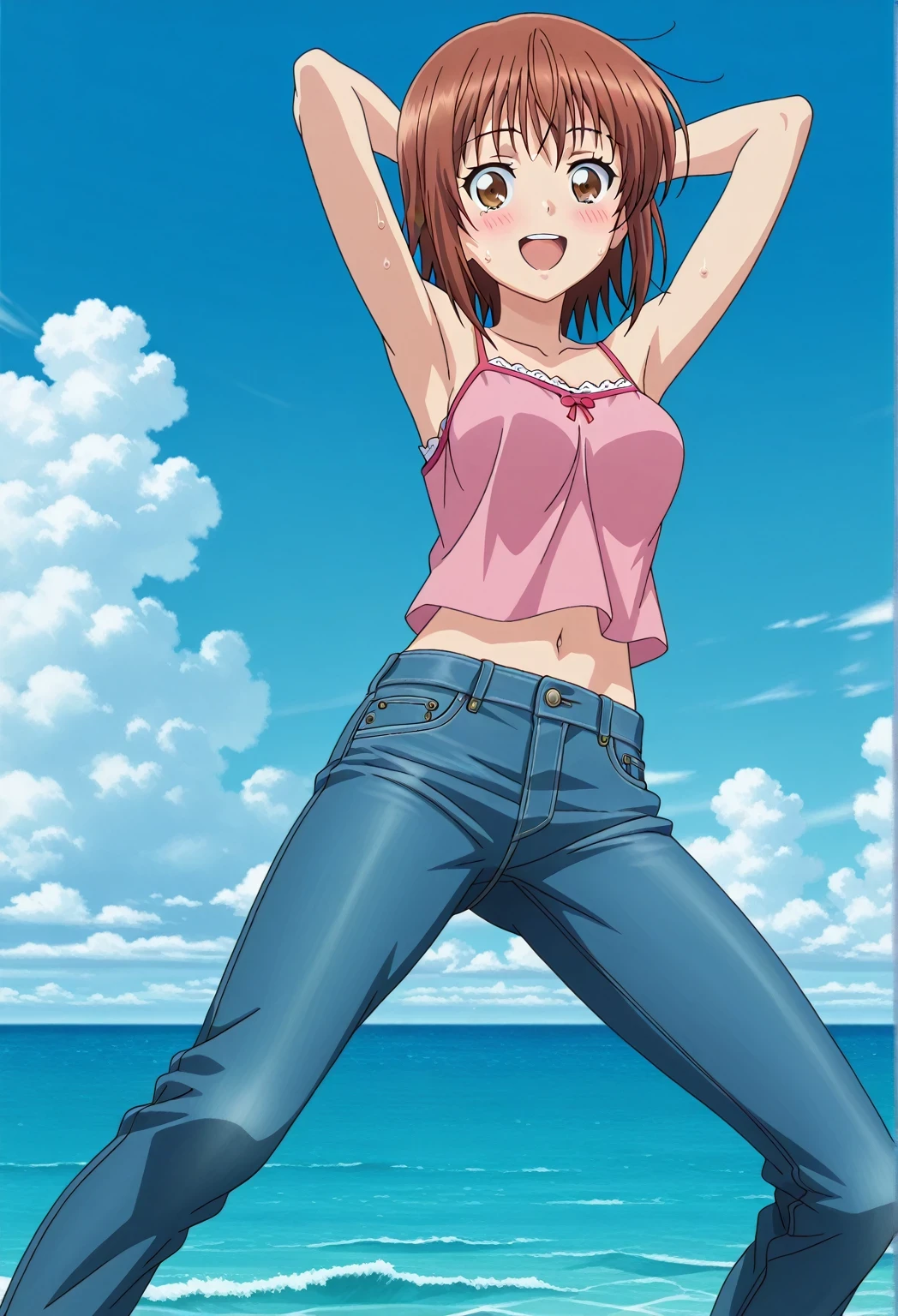 score_9, score_8_up, score_7_up, source_anime, highres, hi res, ((best quality, top quality, perfect quality, Highest Quality, amazing quality)), {{masterpiece}}, {{an extremely delicate and beautiful}}, 2d, intricate details, official style, anime, 8k, anime style, official_anime, official art, digital painting, cell shading, soft shading, high resolution, soothing tones, Subdued Color, Soft cinematic light, adobe lightroom, photolab, HDR, intricately and hyper-detailed, ((high quality animation)), 1 girl, Alone, solo, ((ocean)), tsunami, on the water, day, sunny, outdoors, sky, windy, chisa kotegawa, short hair, bangs, brown hair, brown eyes, anime screencap, medium breasts, pink camisole top, crop top, pink crop top, best quality, hyper-detailed jeans, ((blue jeans:1.9)), (dark blue jeans:0.6), full medium body, medium shot, Open mouth, smiling, happy face, blush, sweat, standing, ((arms behind head:6.0)), bowlegged, jumping pose, action, looking at viewer, spread legs, Bend knees slightly, straight-on front view