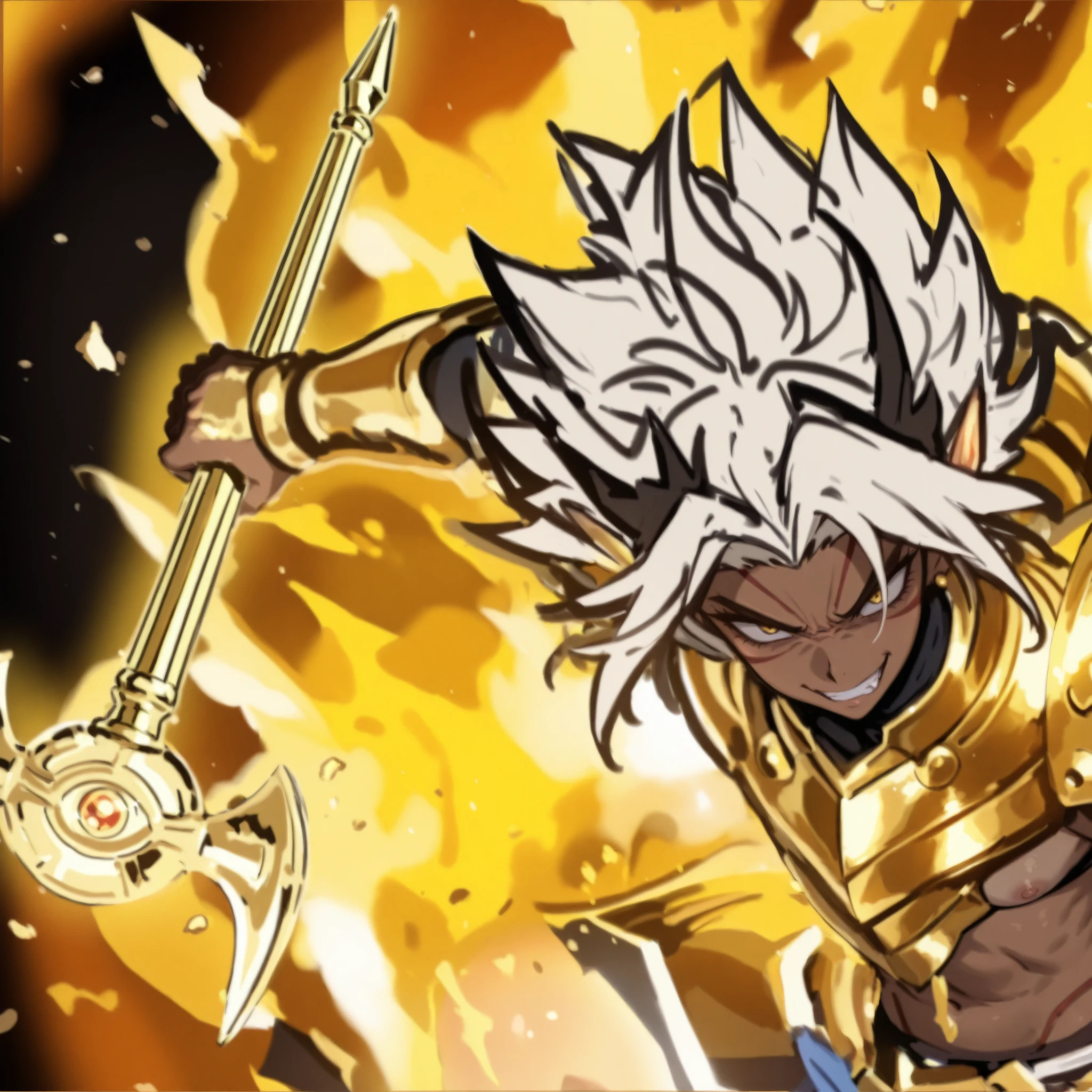 masterpiece, better quality, amazing quality, tanned skin, gold armour , griffes d'or, evil character from the anime Millennium Rod, Personnage masculin, Anime evil character,