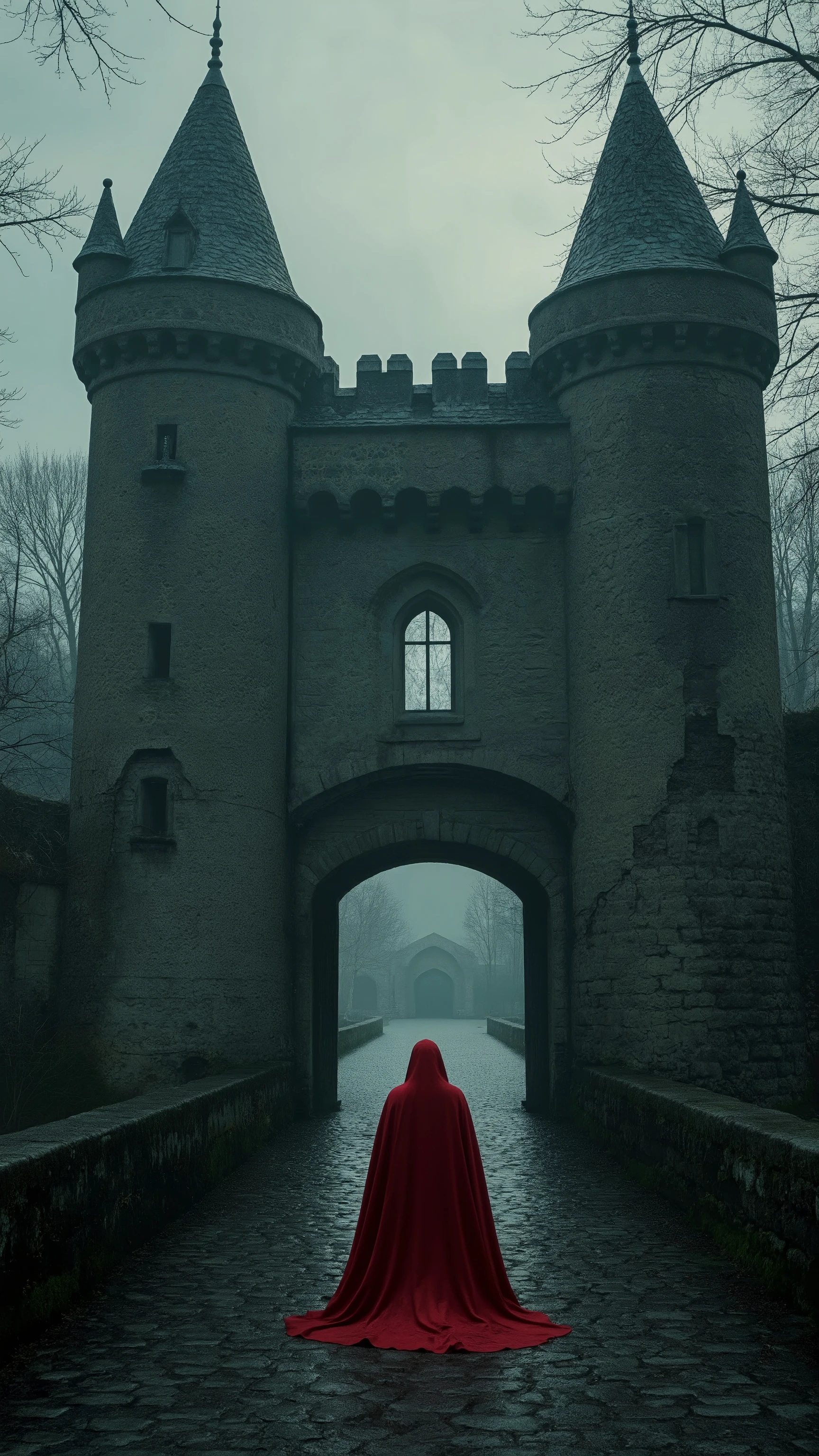 high-definition images、Bran Castle 、Romanian castles、Dracula actually exists、The gate on the other side of the bridge is open and Count Dracula with a red cloak is standing