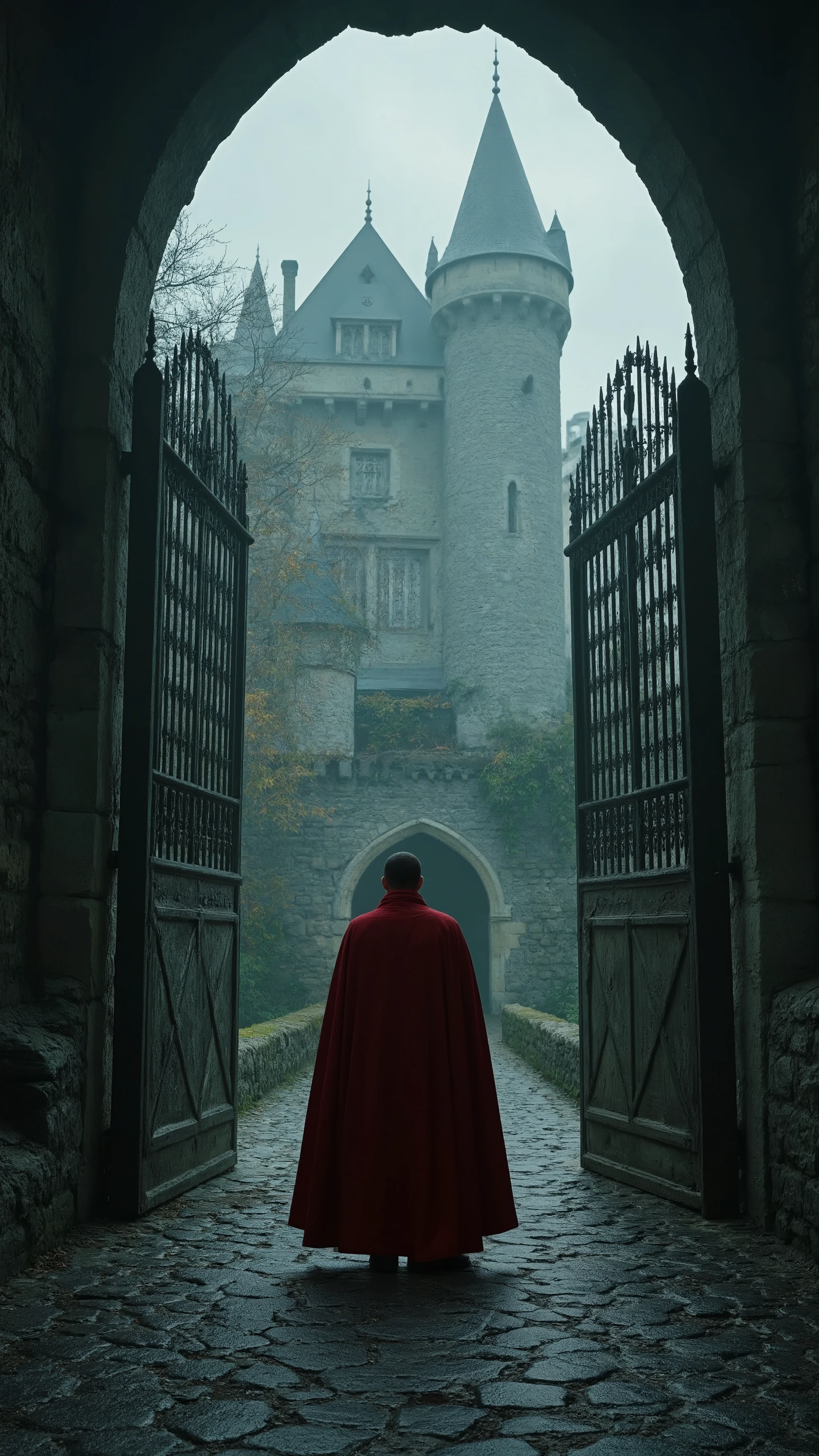 high-definition images、Bran Castle 、Romanian castles、Dracula actually exists、The gate on the other side of the bridge is open and Count Dracula with a red cloak is standing
