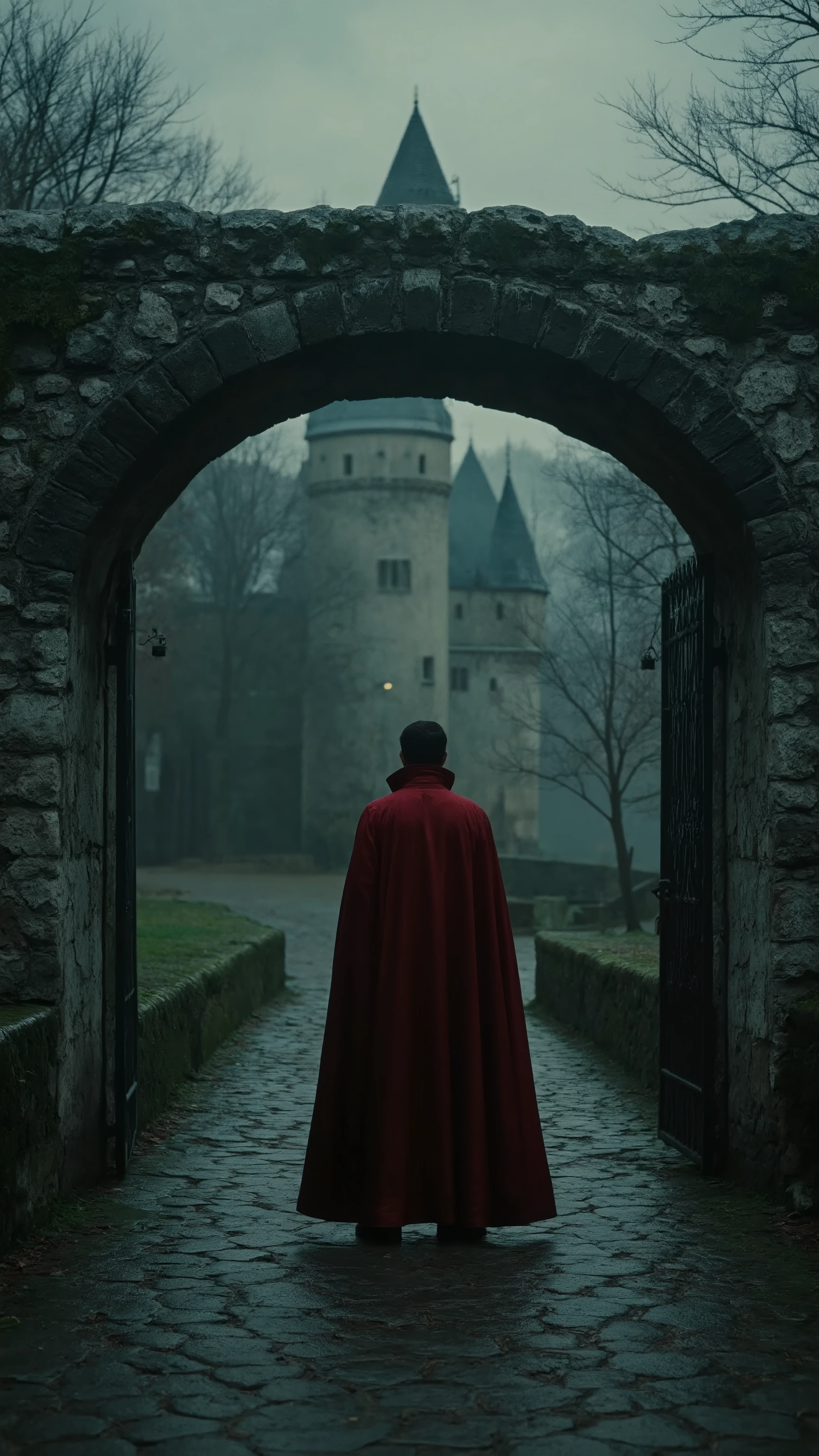 In high-definition footage、The old castle、Bran Castle 、Dracula in Romania actually exists, and the gate on the other side of the、bridge is open, and Count Dracula, wearing a red cloak, is standing facing us