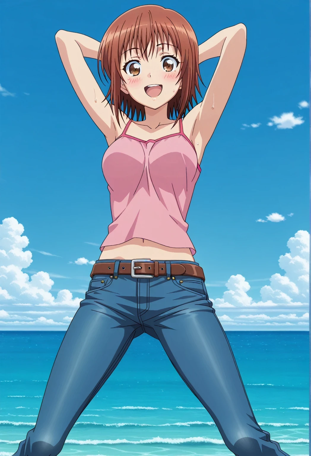 score_9, score_8_up, score_7_up, source_anime, highres, hi res, ((best quality, top quality, perfect quality, Highest Quality, amazing quality)), {{masterpiece}}, {{an extremely delicate and beautiful}}, 2d, intricate details, official style, anime, 8k, anime style, official_anime, official art, digital painting, cell shading, soft shading, high resolution, soothing tones, Subdued Color, Soft cinematic light, adobe lightroom, photolab, HDR, intricately and hyper-detailed, ((high quality animation)), 1 girl, Alone, solo, ((ocean)), tsunami, on the water, day, sunny, outdoors, sky, windy, chisa kotegawa, short hair, bangs, brown hair, brown eyes, anime screencap, medium breasts, pink camisole top, crop top, pink crop top, best quality, hyper-detailed jeans, belt, brown belt, ((blue jeans:1.9)), (dark blue jeans:0.6), full medium body, medium shot, Open mouth, smiling, happy face, blush, sweat, standing, ((arms behind head:6.0)), bowlegged, jumping pose, action, looking at viewer, spread legs, Bend knees slightly, straight-on front view