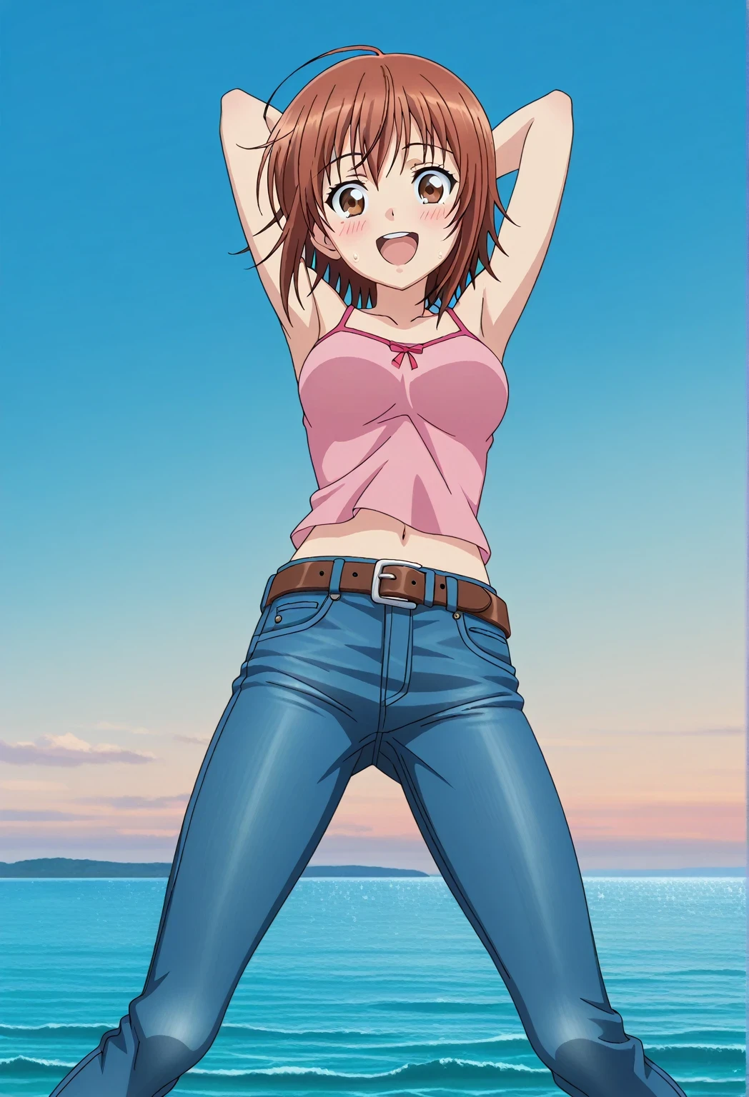 score_9, score_8_up, score_7_up, source_anime, highres, hi res, ((best quality, top quality, perfect quality, Highest Quality, amazing quality)), {{masterpiece}}, {{an extremely delicate and beautiful}}, 2d, intricate details, official style, anime, 8k, anime style, official_anime, official art, digital painting, cell shading, soft shading, high resolution, soothing tones, Subdued Color, Soft cinematic light, adobe lightroom, photolab, HDR, intricately and hyper-detailed, ((high quality animation)), 1 girl, Alone, solo, ((ocean)), tsunami, on the water, day, sunny, outdoors, sky, windy, chisa kotegawa, short hair, bangs, brown hair, brown eyes, anime screencap, medium breasts, pink camisole top, crop top, pink crop top, best quality, hyper-detailed jeans, belt, brown belt, ((blue jeans:1.9)), (dark blue jeans:0.6), full medium body, medium shot, Open mouth, smiling, happy face, blush, sweat, standing, ((arms behind head:6.0)), bowlegged, jumping pose, action, looking at viewer, spread legs, Bend knees slightly, straight-on front view
