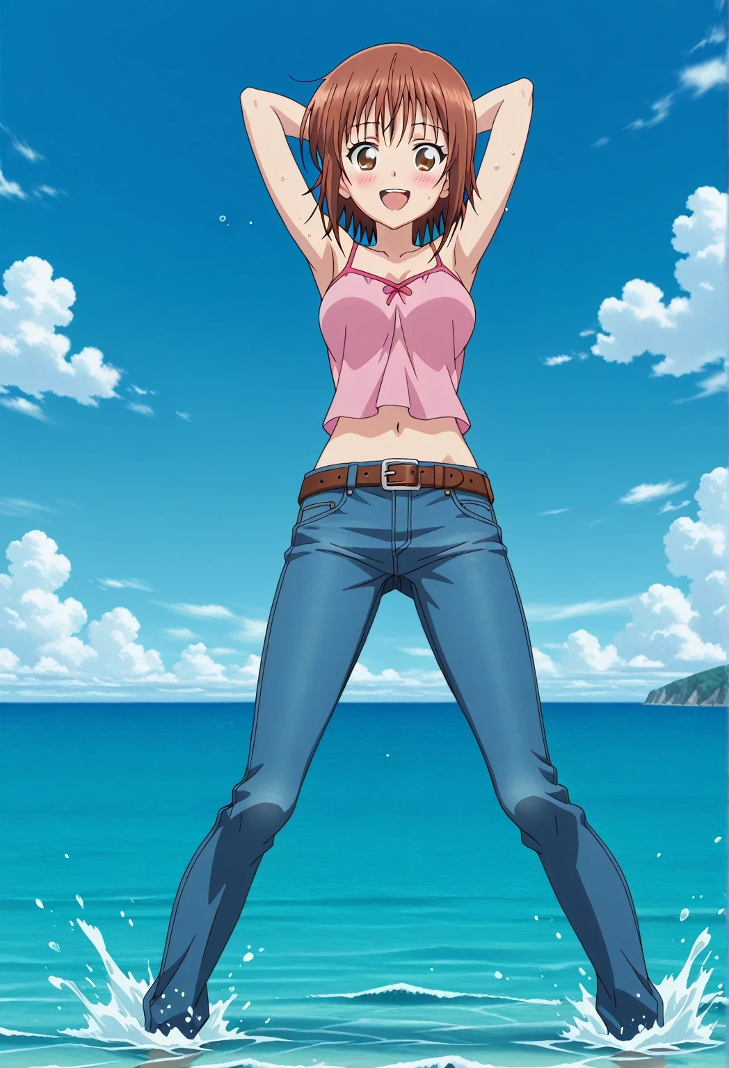 score_9, score_8_up, score_7_up, source_anime, highres, hi res, ((best quality, top quality, perfect quality, Highest Quality, amazing quality)), {{masterpiece}}, {{an extremely delicate and beautiful}}, 2d, intricate details, official style, anime, 8k, anime style, official_anime, official art, digital painting, cell shading, soft shading, high resolution, soothing tones, Subdued Color, Soft cinematic light, adobe lightroom, photolab, HDR, intricately and hyper-detailed, ((high quality animation)), 1 girl, Alone, solo, ((ocean)), tsunami, on the water, day, sunny, outdoors, sky, windy, chisa kotegawa, short hair, bangs, brown hair, brown eyes, anime screencap, medium breasts, pink camisole top, crop top, pink crop top, best quality, hyper-detailed jeans, belt, brown belt, ((blue jeans:1.9)), (dark blue jeans:0.6), full medium body, medium shot, Open mouth, smiling, happy face, blush, sweat, standing, ((arms behind head:6.0)), bowlegged, jumping pose, action, looking at viewer, spread legs, Bend knees slightly, straight-on front view