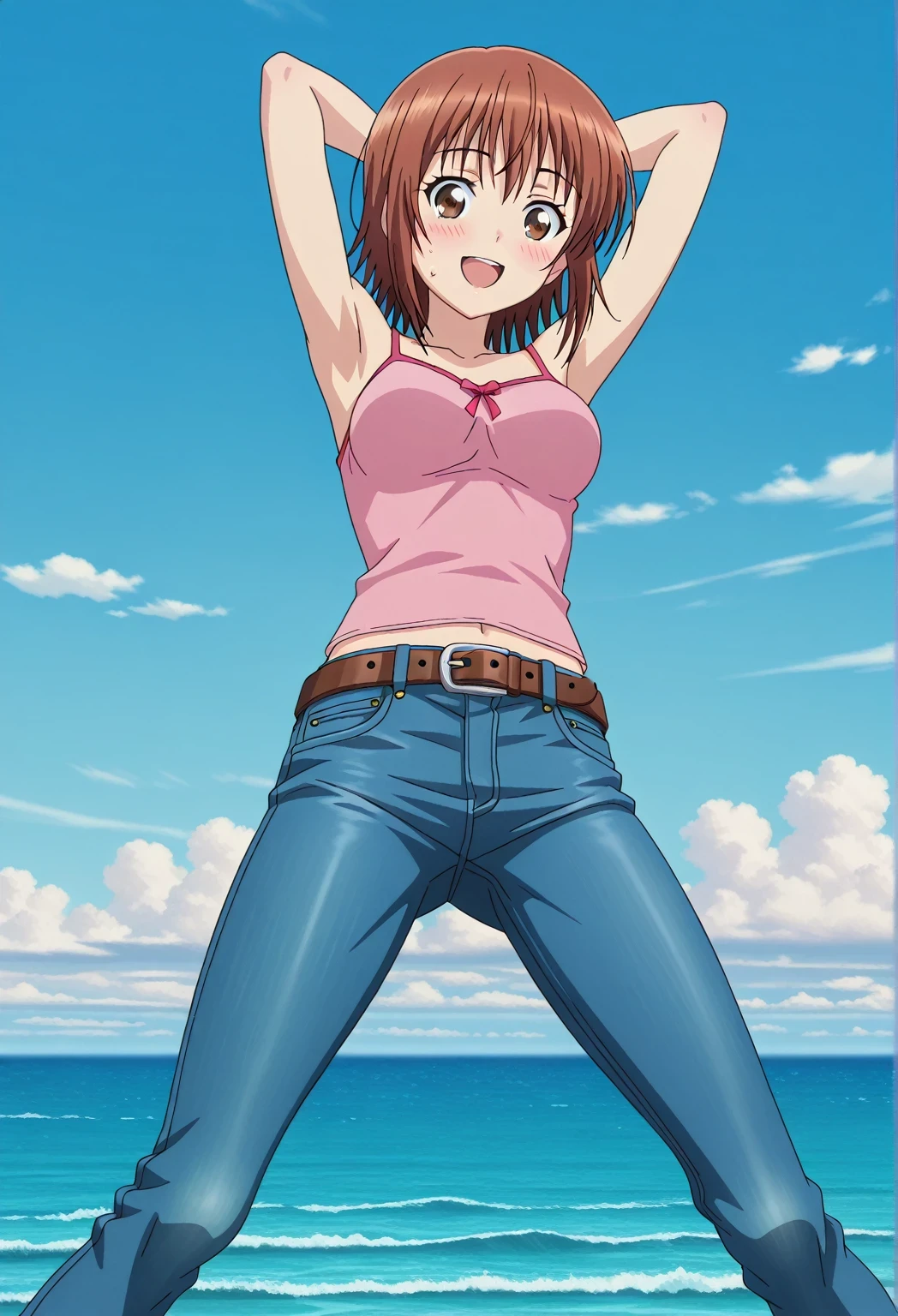 score_9, score_8_up, score_7_up, source_anime, highres, hi res, ((best quality, top quality, perfect quality, Highest Quality, amazing quality)), {{masterpiece}}, {{an extremely delicate and beautiful}}, 2d, intricate details, official style, anime, 8k, anime style, official_anime, official art, digital painting, cell shading, soft shading, high resolution, soothing tones, Subdued Color, Soft cinematic light, adobe lightroom, photolab, HDR, intricately and hyper-detailed, ((high quality animation)), 1 girl, Alone, solo, ((ocean)), tsunami, on the water, day, sunny, outdoors, sky, windy, chisa kotegawa, short hair, bangs, brown hair, brown eyes, anime screencap, medium breasts, pink camisole top, crop top, pink crop top, best quality, hyper-detailed jeans, belt, brown belt, ((blue jeans:1.9)), (dark blue jeans:0.6), full medium body, medium shot, Open mouth, smiling, happy face, blush, sweat, standing, ((arms behind head:6.0)), bowlegged, jumping pose, action, looking at viewer, spread legs, Bend knees slightly, straight-on front view