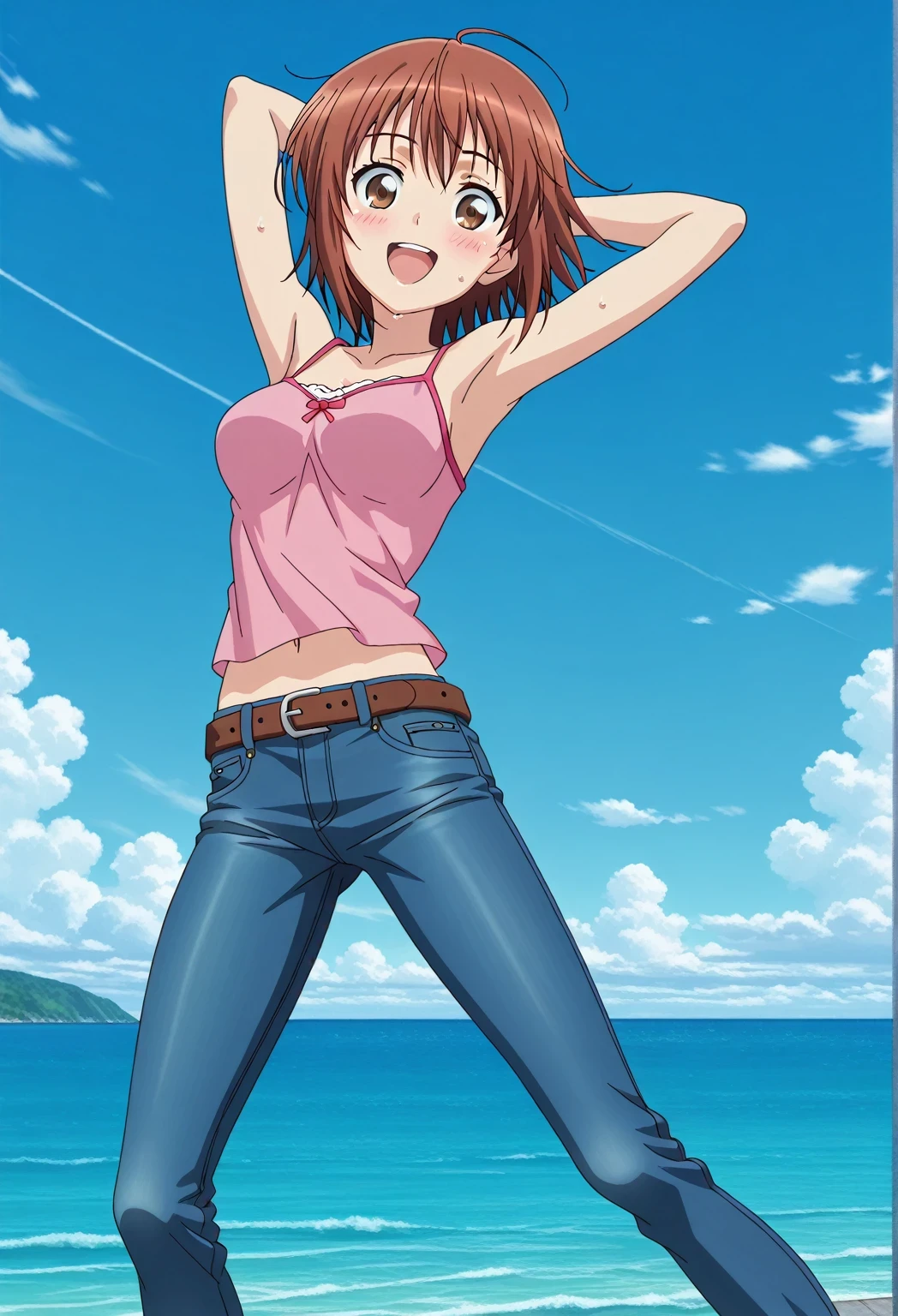 score_9, score_8_up, score_7_up, source_anime, highres, hi res, ((best quality, top quality, perfect quality, Highest Quality, amazing quality)), {{masterpiece}}, {{an extremely delicate and beautiful}}, 2d, intricate details, official style, anime, 8k, anime style, official_anime, official art, digital painting, cell shading, soft shading, high resolution, soothing tones, Subdued Color, Soft cinematic light, adobe lightroom, photolab, HDR, intricately and hyper-detailed, ((high quality animation)), 1 girl, Alone, solo, ((ocean)), tsunami, on the water, day, sunny, outdoors, sky, windy, chisa kotegawa, short hair, bangs, brown hair, brown eyes, anime screencap, medium breasts, pink camisole top, crop top, pink crop top, best quality, hyper-detailed jeans, belt, brown belt, ((blue jeans:1.9)), (dark blue jeans:0.6), full medium body, medium shot, Open mouth, smiling, happy face, blush, sweat, standing, ((arms behind head:6.0)), bowlegged, jumping pose, action, looking at viewer, spread legs, Bend knees slightly, straight-on front view