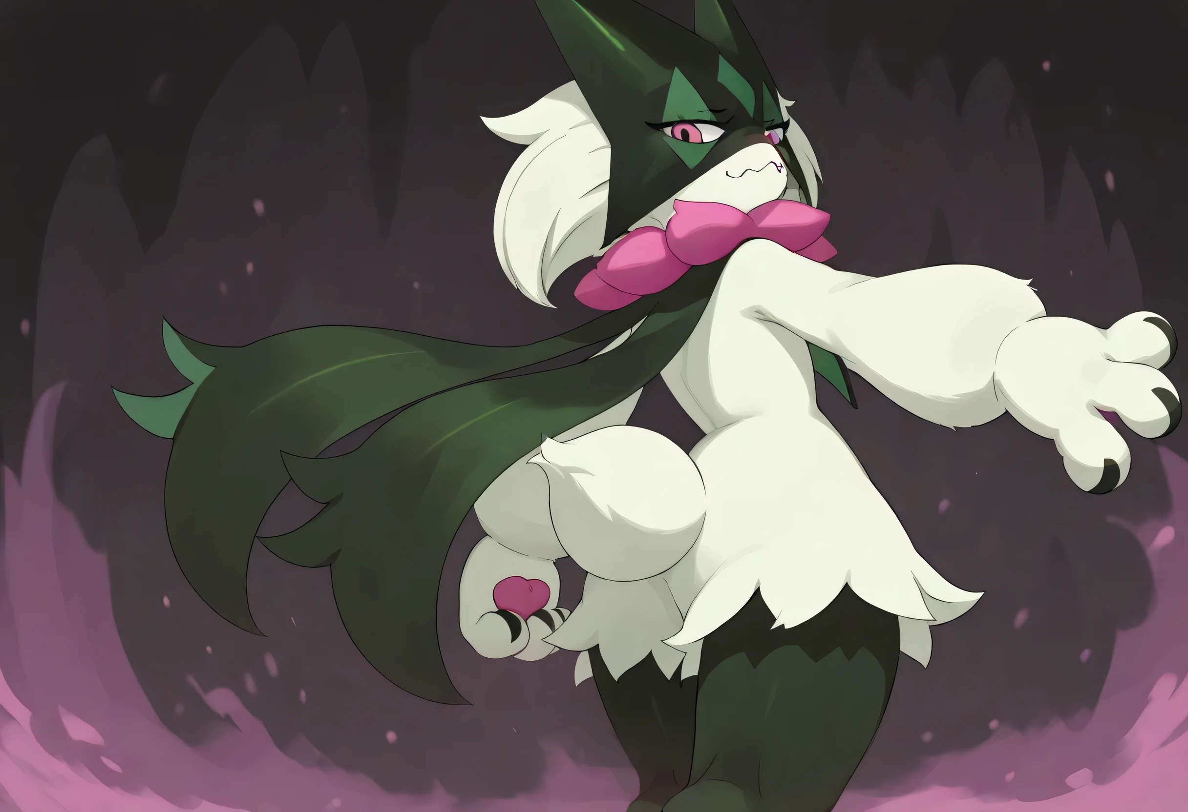 Solo, high quality, masterpiece, epic pose, meowscarada
green fur, pink eyes, claws, mask, tail, pawpads, three fingers, facing away looking back, standing