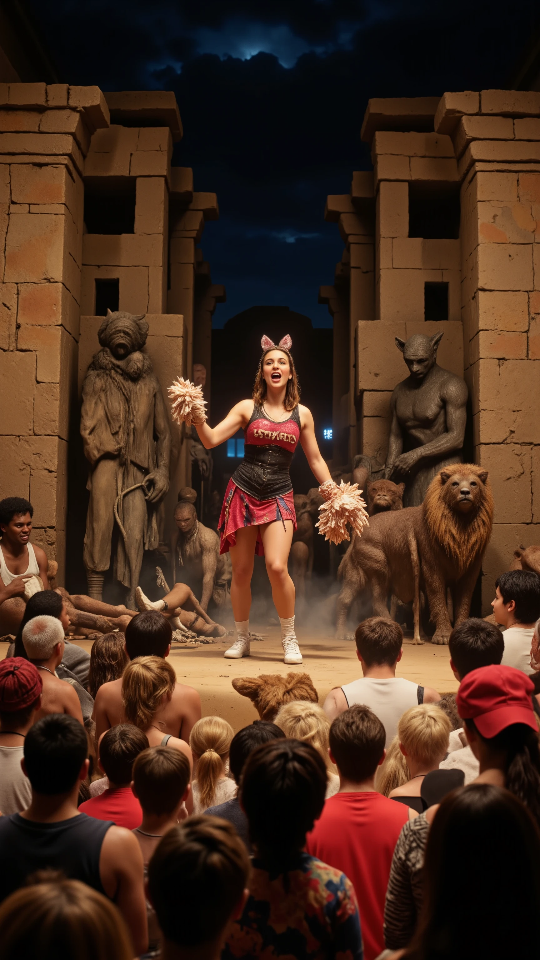 high-definition images、Great Zimbabwe 夜の遺跡、Great Wall(Great Enclosure)and a cheergirl with cat ears is singing with a microphone、The audience has lots of wild animals