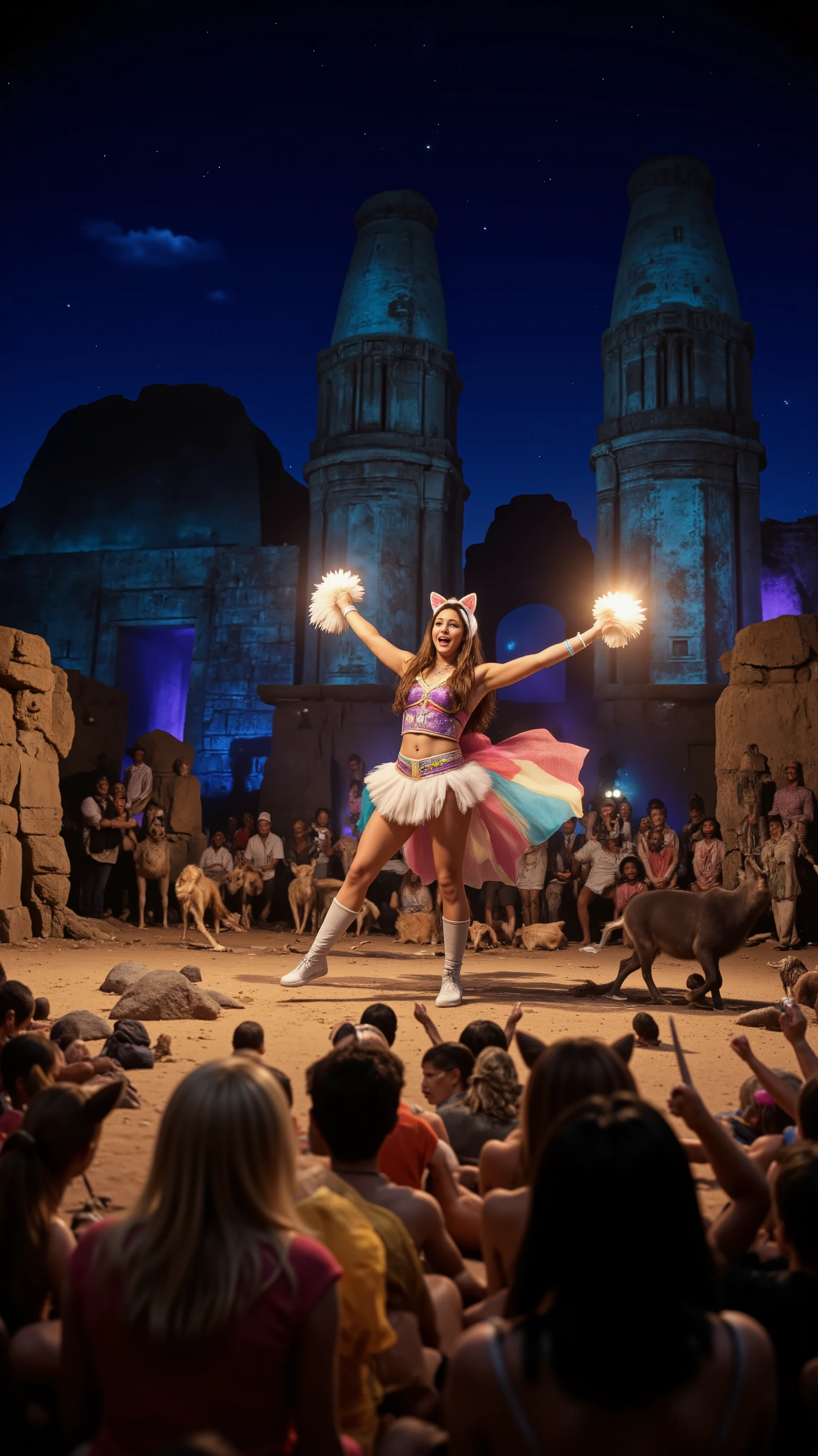 high-definition images、Great Zimbabwe 夜の遺跡、Great Wall(Great Enclosure)and a cheergirl with cat ears is singing with a microphone、The audience has lots of wild animals