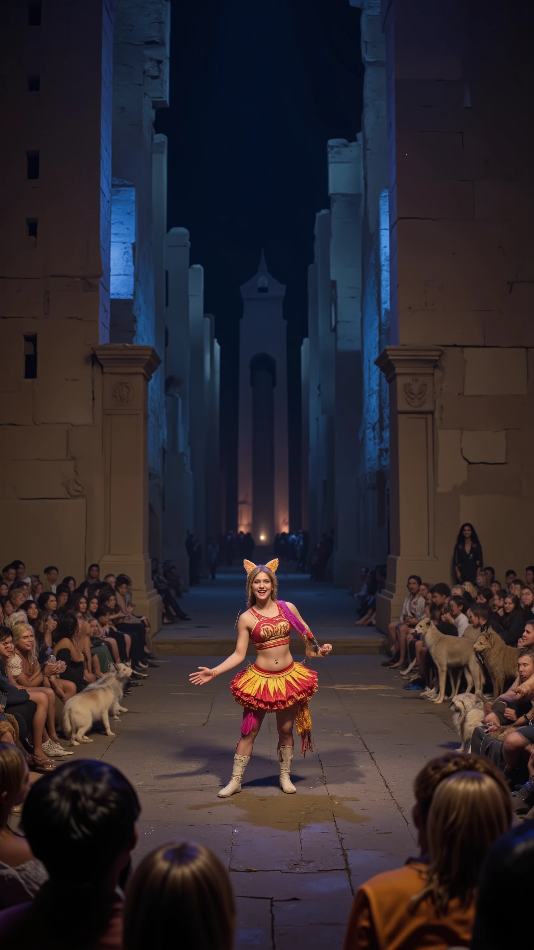 high-definition images、Great Zimbabwe 夜の遺跡、Great Wall(Great Enclosure)and a cheergirl with cat ears is singing with a microphone、The audience has lots of wild animals