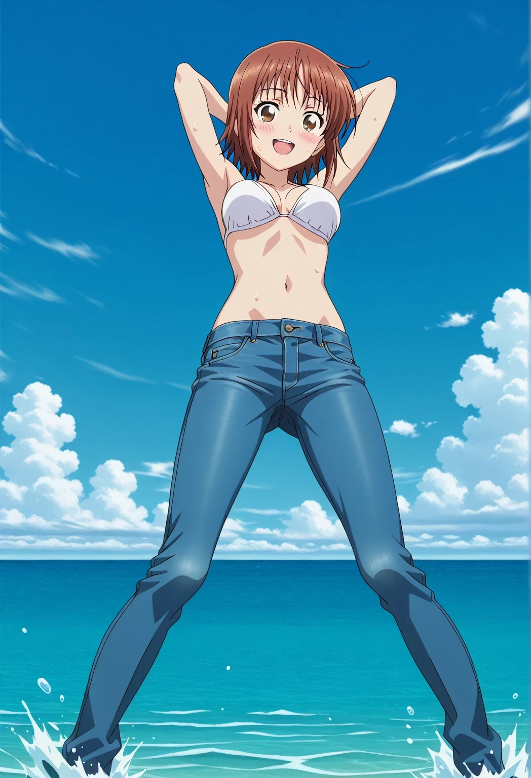 score_9, score_8_up, score_7_up, source_anime, highres, hi res, ((best quality, top quality, perfect quality, Highest Quality, amazing quality)), {{masterpiece}}, {{an extremely delicate and beautiful}}, 2d, intricate details, official style, anime, 8k, anime style, official_anime, official art, digital painting, cell shading, soft shading, high resolution, soothing tones, Subdued Color, Soft cinematic light, adobe lightroom, photolab, HDR, intricately and hyper-detailed, ((high quality animation)), 1 girl, Alone, solo, ((ocean)), tsunami, on the water, day, sunny, outdoors, sky, windy, chisa kotegawa, short hair, bangs, brown hair, brown eyes, anime screencap, medium breasts, white bikini top, best quality, hyper-detailed jeans, ((blue jeans:1.9)), (dark blue jeans:0.6), full medium body, medium shot, Open mouth, smiling, happy face, blush, sweat, standing, ((arms behind head:6.0)), bowlegged, jumping pose, action, looking at viewer, spread legs, Bend knees slightly, straight-on front view