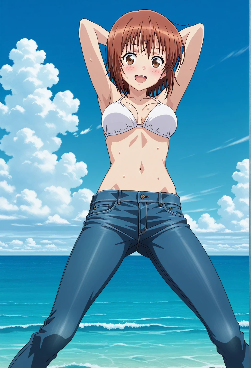 score_9, score_8_up, score_7_up, source_anime, highres, hi res, ((best quality, top quality, perfect quality, Highest Quality, amazing quality)), {{masterpiece}}, {{an extremely delicate and beautiful}}, 2d, intricate details, official style, anime, 8k, anime style, official_anime, official art, digital painting, cell shading, soft shading, high resolution, soothing tones, Subdued Color, Soft cinematic light, adobe lightroom, photolab, HDR, intricately and hyper-detailed, ((high quality animation)), 1 girl, Alone, solo, ((ocean)), tsunami, on the water, day, sunny, outdoors, sky, windy, chisa kotegawa, short hair, bangs, brown hair, brown eyes, anime screencap, medium breasts, white bikini top, best quality, hyper-detailed jeans, ((blue jeans:1.9)), (dark blue jeans:0.6), full medium body, medium shot, Open mouth, smiling, happy face, blush, sweat, standing, ((arms behind head:6.0)), bowlegged, jumping pose, action, looking at viewer, spread legs, Bend knees slightly, straight-on front view