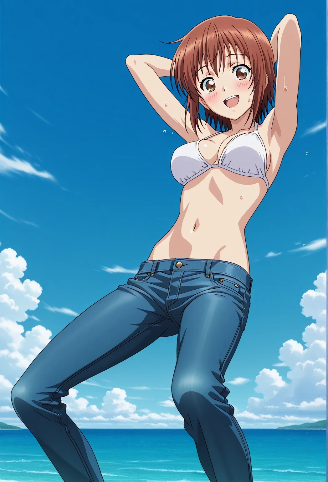 score_9, score_8_up, score_7_up, source_anime, highres, hi res, ((best quality, top quality, perfect quality, Highest Quality, amazing quality)), {{masterpiece}}, {{an extremely delicate and beautiful}}, 2d, intricate details, official style, anime, 8k, anime style, official_anime, official art, digital painting, cell shading, soft shading, high resolution, soothing tones, Subdued Color, Soft cinematic light, adobe lightroom, photolab, HDR, intricately and hyper-detailed, ((high quality animation)), 1 girl, Alone, solo, ((ocean)), tsunami, on the water, day, sunny, outdoors, sky, windy, chisa kotegawa, short hair, bangs, brown hair, brown eyes, anime screencap, medium breasts, white bikini top, best quality, hyper-detailed jeans, ((blue jeans:1.9)), (dark blue jeans:0.6), full medium body, medium shot, Open mouth, smiling, happy face, blush, sweat, standing, ((arms behind head:6.0)), bowlegged, jumping pose, action, looking at viewer, spread legs, Bend knees slightly, straight-on front view