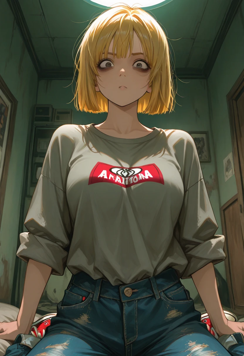 woman、Flat chest、Distended belly、Unbuttoned shirt、Black Skirt、Short blonde hair、Painful expression、Put your hands on the wall