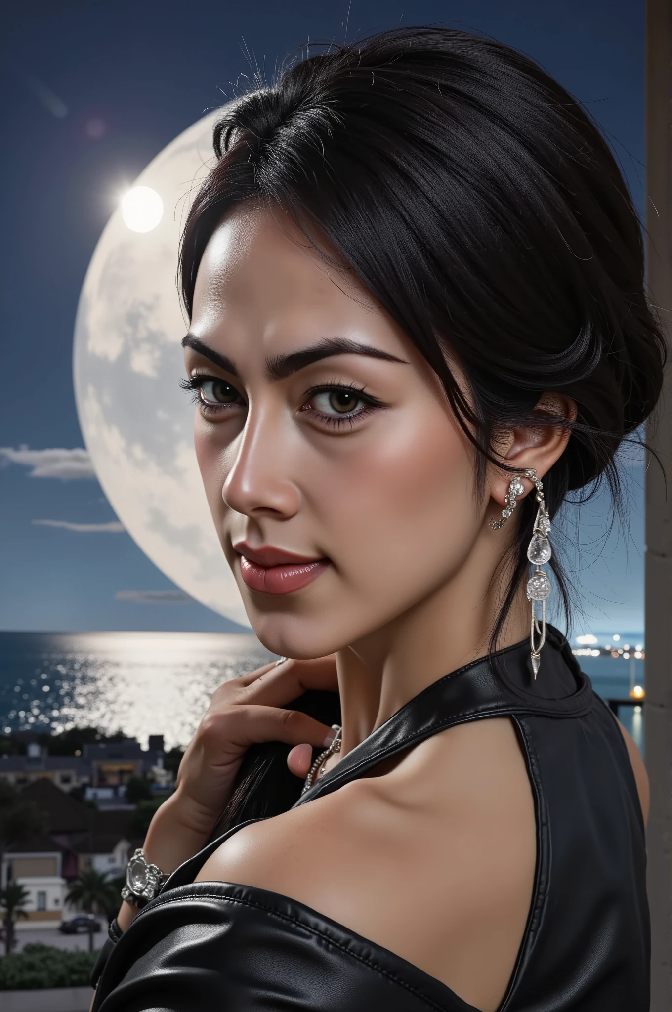 Ultrarealistic potrait of Beautiful asian muscle woman smiling open mouth , close-up half body , , cleavage visible , happy vibes beauty smile , perfect hands , auto correct detail fingers