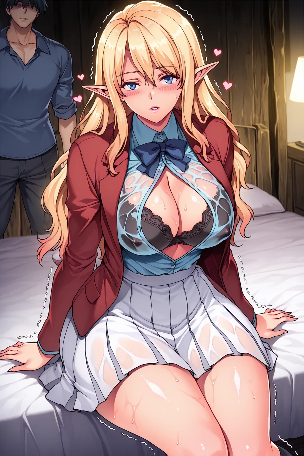 (:1.7),A girl trembling at  climax,NSFW ,（：1.3）,(sweating:1.3) ,（ 1 boy）,penis,NSFW,women on top(masterpiece: 1.4), (highest quality: 1.4), 8K, hd, super transparent，1 girl，（big ：1.4），long golden hair,(heart-shaped pupil:1.3),(tonsue out:1.2),I was scared:1.3， abdomen，White transparent tulle，tons，（look up），bedroom at night，necklace，Messy clothes, dairy cow, (cry: 0.7), open your mouth, saliva, throat, stick out tongue, hanging rash, Blowjob_Invitation to, In the mouth, (heart-shaped pupil),  (vapor:1.2)