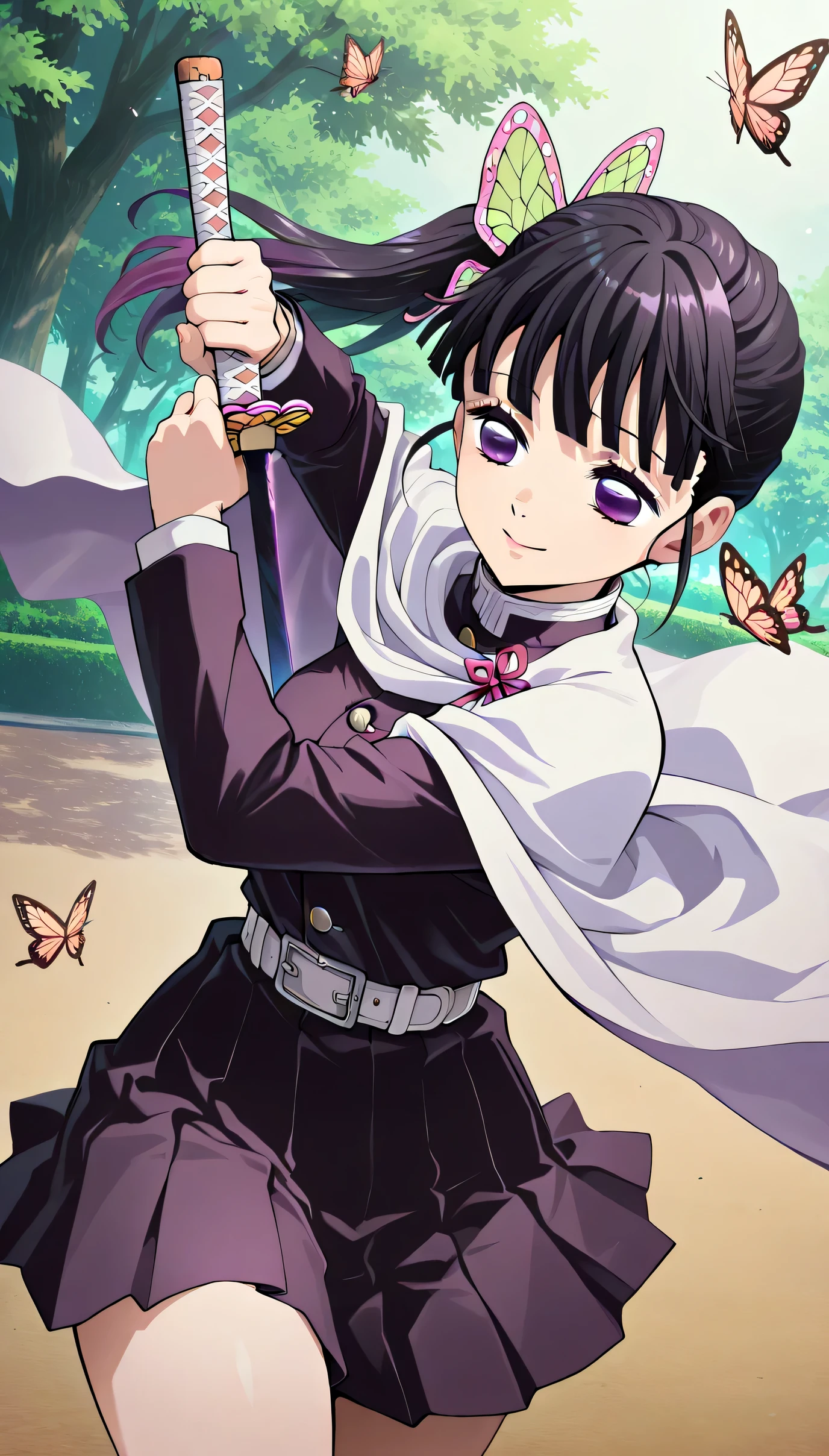 anime style, masterpiece, best quality, ultra detailed, highres, 8k, smile, 1 girl,
kanao tsuyuri, black hair, butterfly, butterfly hair ornament, purple eyes, side ponytail, ponytail, sword in hand, fighting,
black skirt, cape white, demon slayer uniform, long sleeves, pleated skirt, skirt, white cape, park