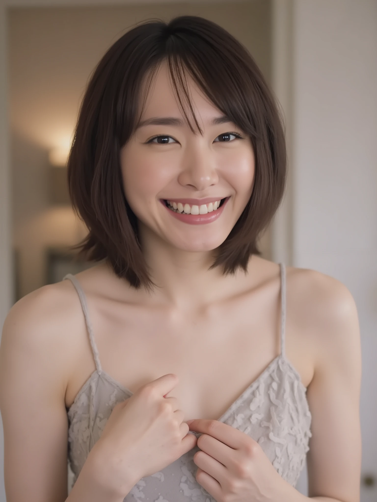 Artistic, Ultimate Details, beautiful woman taking off plastic, Voluptuous cleavage, eye contact, Happy big smile , Healthy Teeth Position, shiny skin, Modern Bedroom, night light, Sensual Vibes,Full Body,standing in the teacher's house,