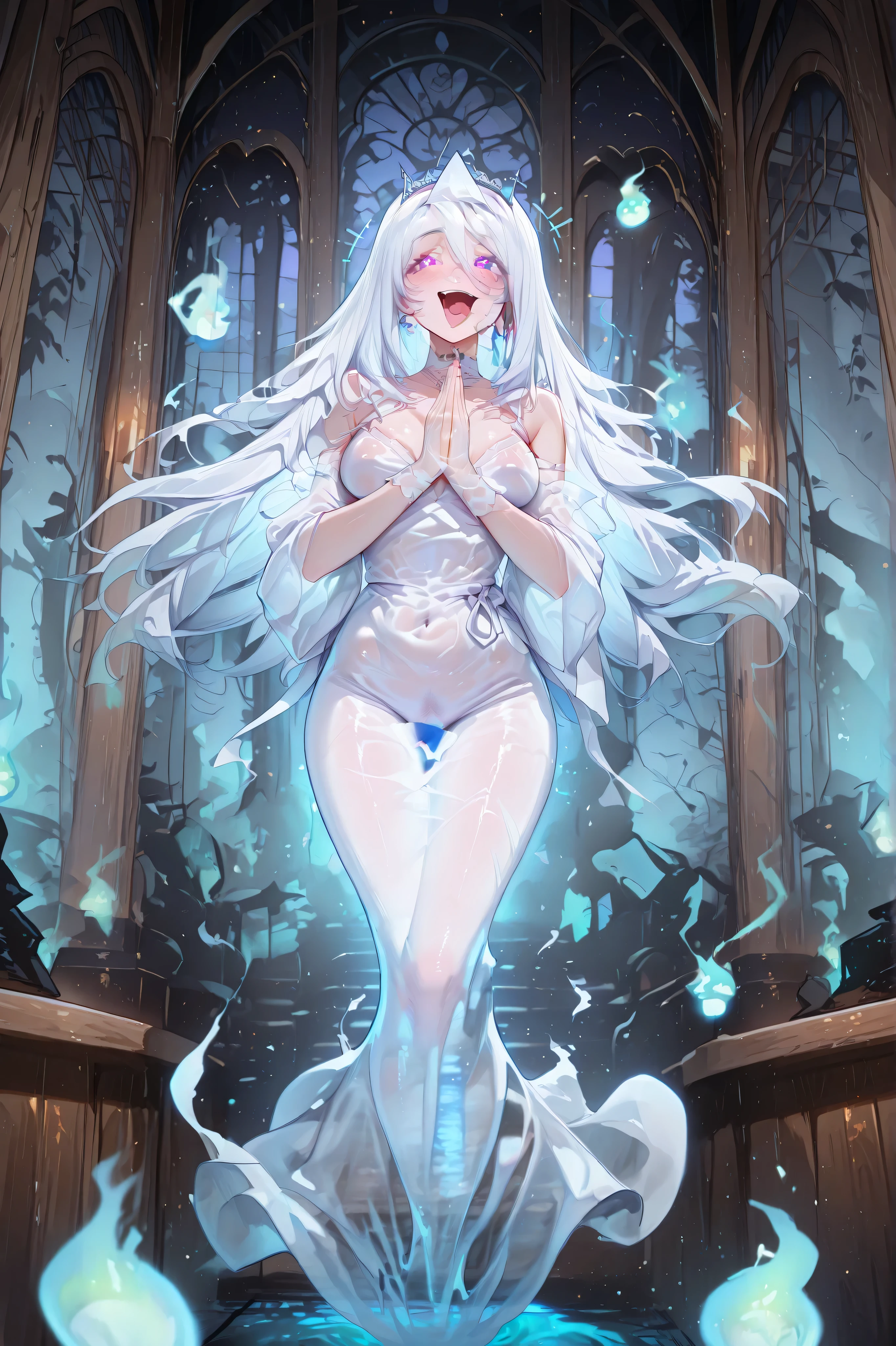 Ghost-SFW/NSFW-IL.V1.0,ghost, translucent, see-through body, see-through,s4iks_w_de_gh0st_lascalae, ghost, sexy, ,triangular headpiece,shiroshouzoku,masterpiece, Superior Quality, Very detailed, a girl, alone, Femininity, floating hair, +_+, excited, +++, Ghost Princess, tiara, [[dress]], floating, palms together, [[is surrounded by ghosts]], ((Inside a Japanese castle)),