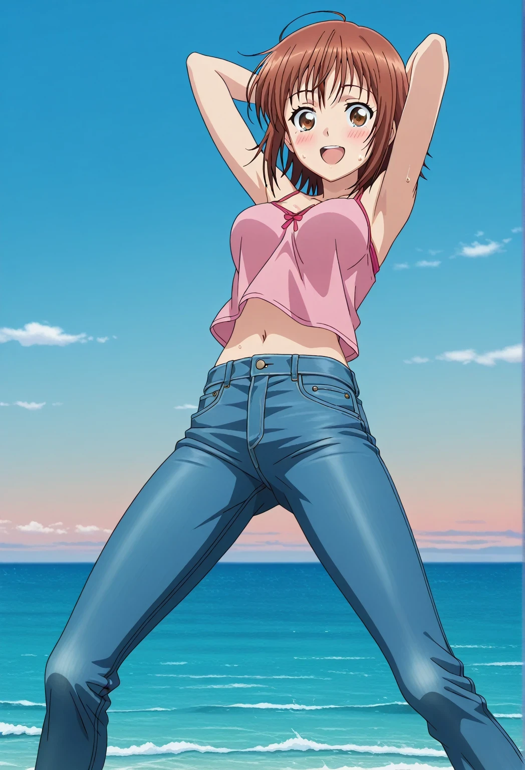 score_9, score_8_up, score_7_up, source_anime, highres, hi res, ((best quality, top quality, perfect quality, Highest Quality, amazing quality)), {{masterpiece}}, {{an extremely delicate and beautiful}}, 2d, intricate details, official style, anime, 8k, anime style, official_anime, official art, digital painting, cell shading, soft shading, high resolution, soothing tones, Subdued Color, Soft cinematic light, adobe lightroom, photolab, HDR, intricately and hyper-detailed, ((high quality animation)), 1 girl, Alone, solo, ((ocean)), tsunami, on the water, day, sunny, outdoors, sky, windy, chisa kotegawa, short hair, bangs, brown hair, brown eyes, anime screencap, medium breasts, pink camisole top, crop top, pink crop top, best quality, hyper-detailed jeans, ((blue jeans:1.9)), (dark blue jeans:0.6), full medium body, medium shot, Open mouth, smiling, happy face, blush, sweat, standing, ((arms behind head:6.0)), bowlegged, jumping pose, action, looking at viewer, spread legs, Bend knees slightly, straight-on front view