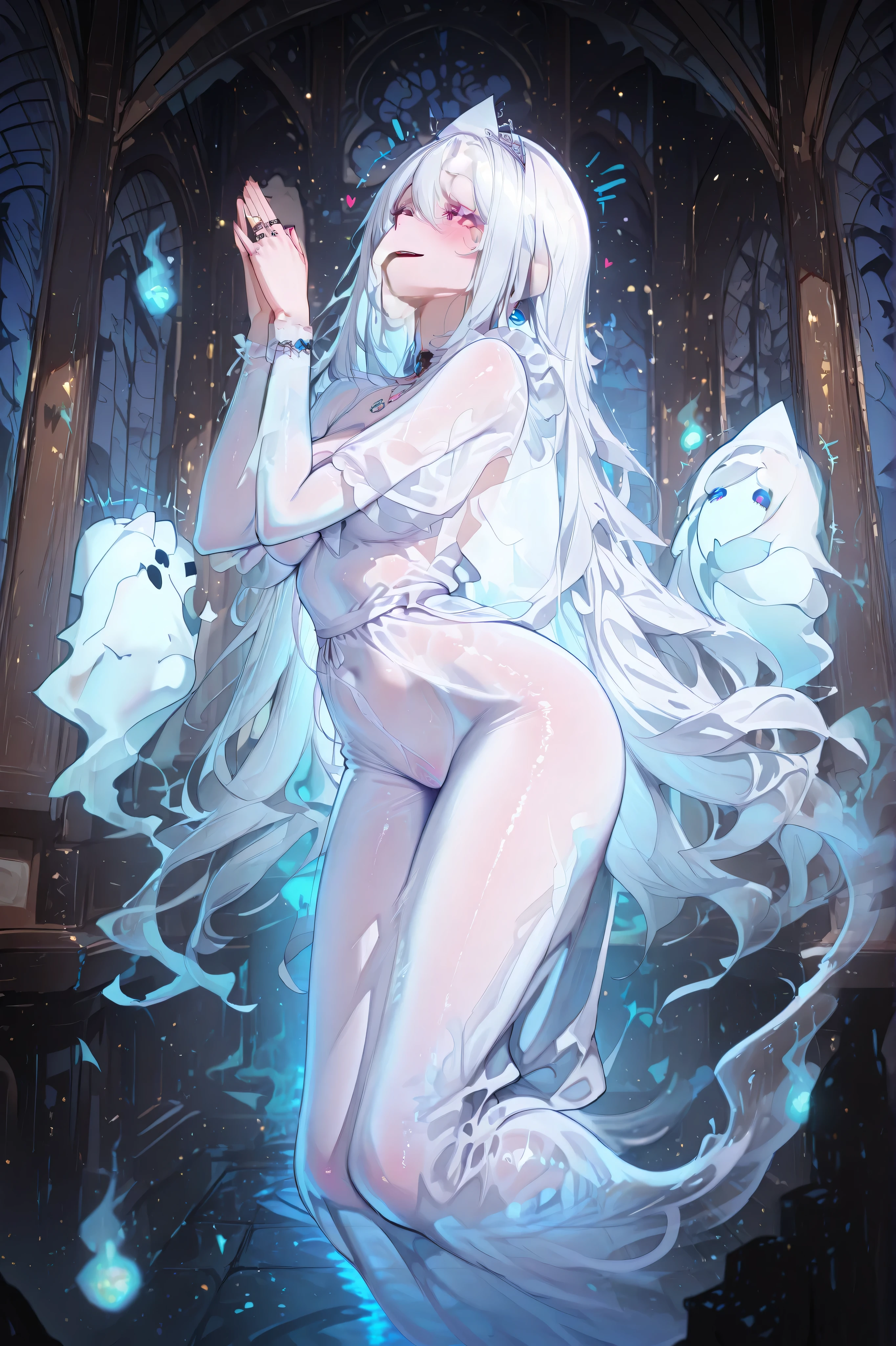 Ghost-SFW/NSFW-IL.V1.0,ghost, translucent, see-through body, see-through,s4iks_w_de_gh0st_lascalae, ghost, sexy, ,triangular headpiece,shiroshouzoku,masterpiece, Superior Quality, Very detailed, a girl, alone, Femininity, floating hair, +_+, excited, +++, Ghost Princess, tiara, [[dress]], floating, palms together, [[is surrounded by ghosts]], ((Inside a Japanese castle)),
