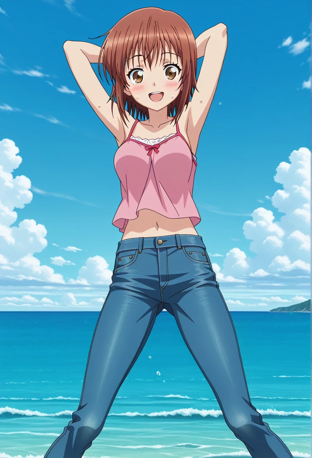 score_9, score_8_up, score_7_up, source_anime, highres, hi res, ((best quality, top quality, perfect quality, Highest Quality, amazing quality)), {{masterpiece}}, {{an extremely delicate and beautiful}}, 2d, intricate details, official style, anime, 8k, anime style, official_anime, official art, digital painting, cell shading, soft shading, high resolution, soothing tones, Subdued Color, Soft cinematic light, adobe lightroom, photolab, HDR, intricately and hyper-detailed, ((high quality animation)), 1 girl, Alone, solo, ((ocean)), tsunami, on the water, day, sunny, outdoors, sky, windy, chisa kotegawa, short hair, bangs, brown hair, brown eyes, anime screencap, medium breasts, pink camisole top, crop top, pink crop top, best quality, hyper-detailed jeans, ((blue jeans:1.9)), (dark blue jeans:0.6), full medium body, medium shot, Open mouth, smiling, happy face, blush, sweat, standing, ((arms behind head:6.0)), bowlegged, jumping pose, action, looking at viewer, spread legs, Bend knees slightly, straight-on front view