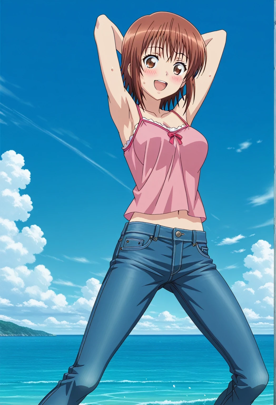 score_9, score_8_up, score_7_up, source_anime, highres, hi res, ((best quality, top quality, perfect quality, Highest Quality, amazing quality)), {{masterpiece}}, {{an extremely delicate and beautiful}}, 2d, intricate details, official style, anime, 8k, anime style, official_anime, official art, digital painting, cell shading, soft shading, high resolution, soothing tones, Subdued Color, Soft cinematic light, adobe lightroom, photolab, HDR, intricately and hyper-detailed, ((high quality animation)), 1 girl, Alone, solo, ((ocean)), tsunami, on the water, day, sunny, outdoors, sky, windy, chisa kotegawa, short hair, bangs, brown hair, brown eyes, anime screencap, medium breasts, pink camisole top, crop top, pink crop top, best quality, hyper-detailed jeans, ((blue jeans:1.9)), (dark blue jeans:0.6), full medium body, medium shot, Open mouth, smiling, happy face, blush, sweat, standing, ((arms behind head:6.0)), bowlegged, jumping pose, action, looking at viewer, spread legs, Bend knees slightly, straight-on front view