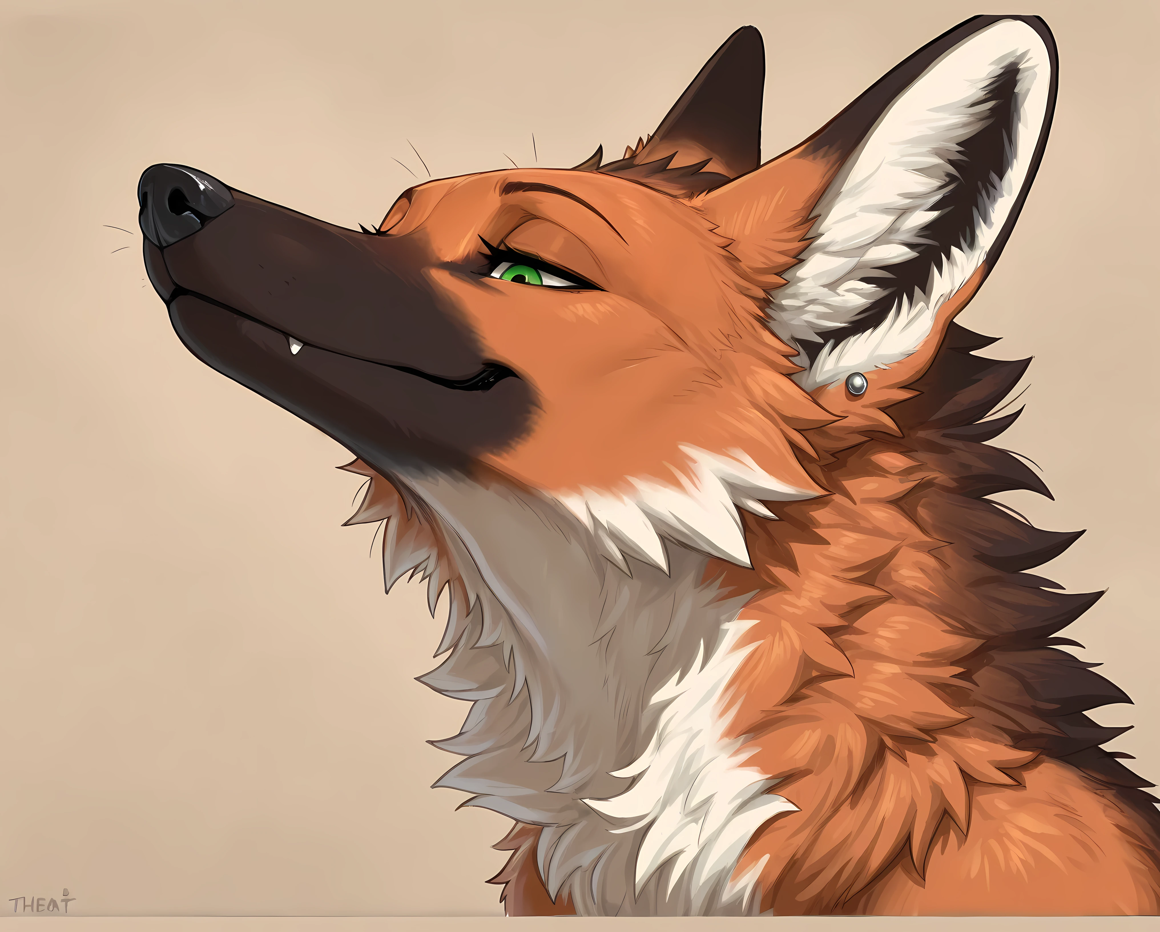 master, best quality, amazing quality, absurd, extreme detail, 8k, detailed eyes, green eyes, alone, maned wolf,furry, closed mouth ,mouth shot, throat shot,seductive face, (dark background), silver ear piercings, long eyelashes