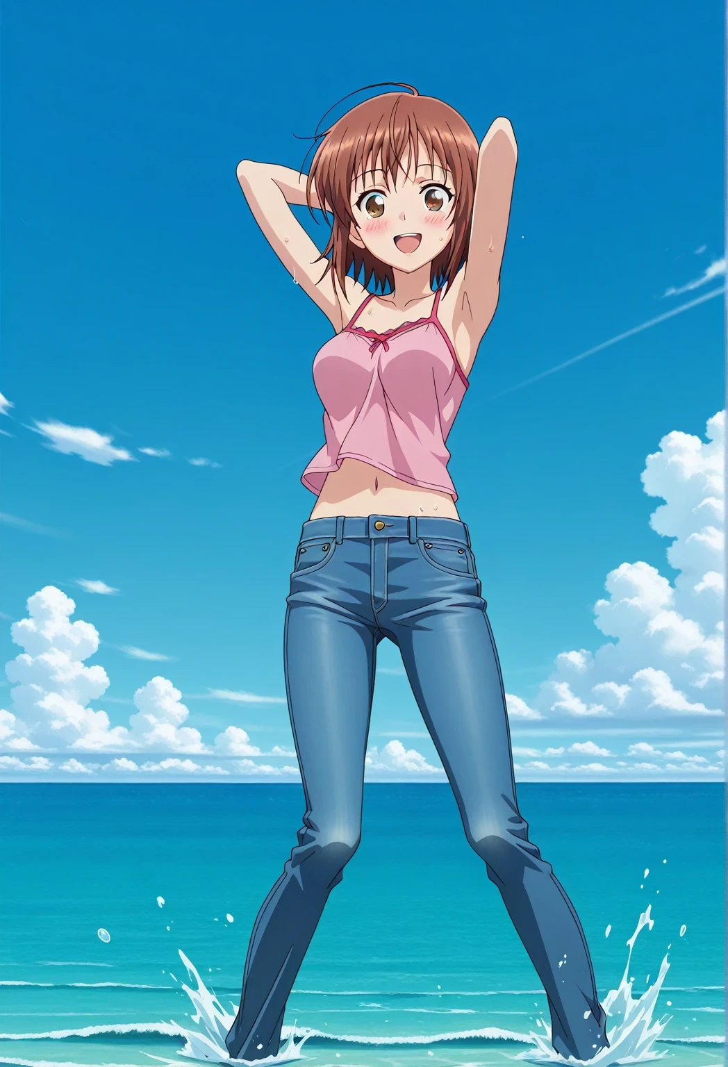 score_9, score_8_up, score_7_up, source_anime, highres, hi res, ((best quality, top quality, perfect quality, Highest Quality, amazing quality)), {{masterpiece}}, {{an extremely delicate and beautiful}}, 2d, intricate details, official style, anime, 8k, anime style, official_anime, official art, digital painting, cell shading, soft shading, high resolution, soothing tones, Subdued Color, Soft cinematic light, adobe lightroom, photolab, HDR, intricately and hyper-detailed, ((high quality animation)), 1 girl, Alone, solo, ((ocean)), tsunami, on the water, day, sunny, outdoors, sky, windy, chisa kotegawa, short hair, bangs, brown hair, brown eyes, anime screencap, medium breasts, pink camisole top, crop top, pink crop top, best quality, hyper-detailed jeans, ((blue jeans:1.9)), (dark blue jeans:0.6), full medium body, medium shot, Open mouth, smiling, happy face, blush, sweat, standing, ((arms behind head:6.0)), bowlegged, jumping pose, action, looking at viewer, spread legs, Bend knees slightly, straight-on front view