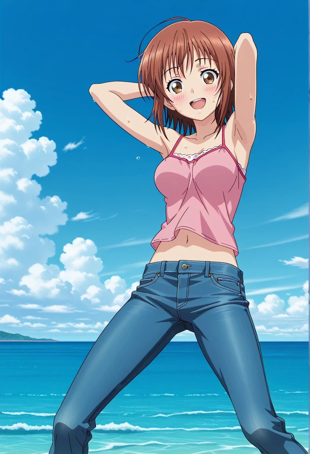 score_9, score_8_up, score_7_up, source_anime, highres, hi res, ((best quality, top quality, perfect quality, Highest Quality, amazing quality)), {{masterpiece}}, {{an extremely delicate and beautiful}}, 2d, intricate details, official style, anime, 8k, anime style, official_anime, official art, digital painting, cell shading, soft shading, high resolution, soothing tones, Subdued Color, Soft cinematic light, adobe lightroom, photolab, HDR, intricately and hyper-detailed, ((high quality animation)), 1 girl, Alone, solo, ((ocean)), tsunami, on the water, day, sunny, outdoors, sky, windy, chisa kotegawa, short hair, bangs, brown hair, brown eyes, anime screencap, medium breasts, pink camisole top, crop top, pink crop top, best quality, hyper-detailed jeans, ((blue jeans:1.9)), (dark blue jeans:0.6), full medium body, medium shot, Open mouth, smiling, happy face, blush, sweat, standing, ((arms behind head:6.0)), bowlegged, jumping pose, action, looking at viewer, spread legs, Bend knees slightly, straight-on front view