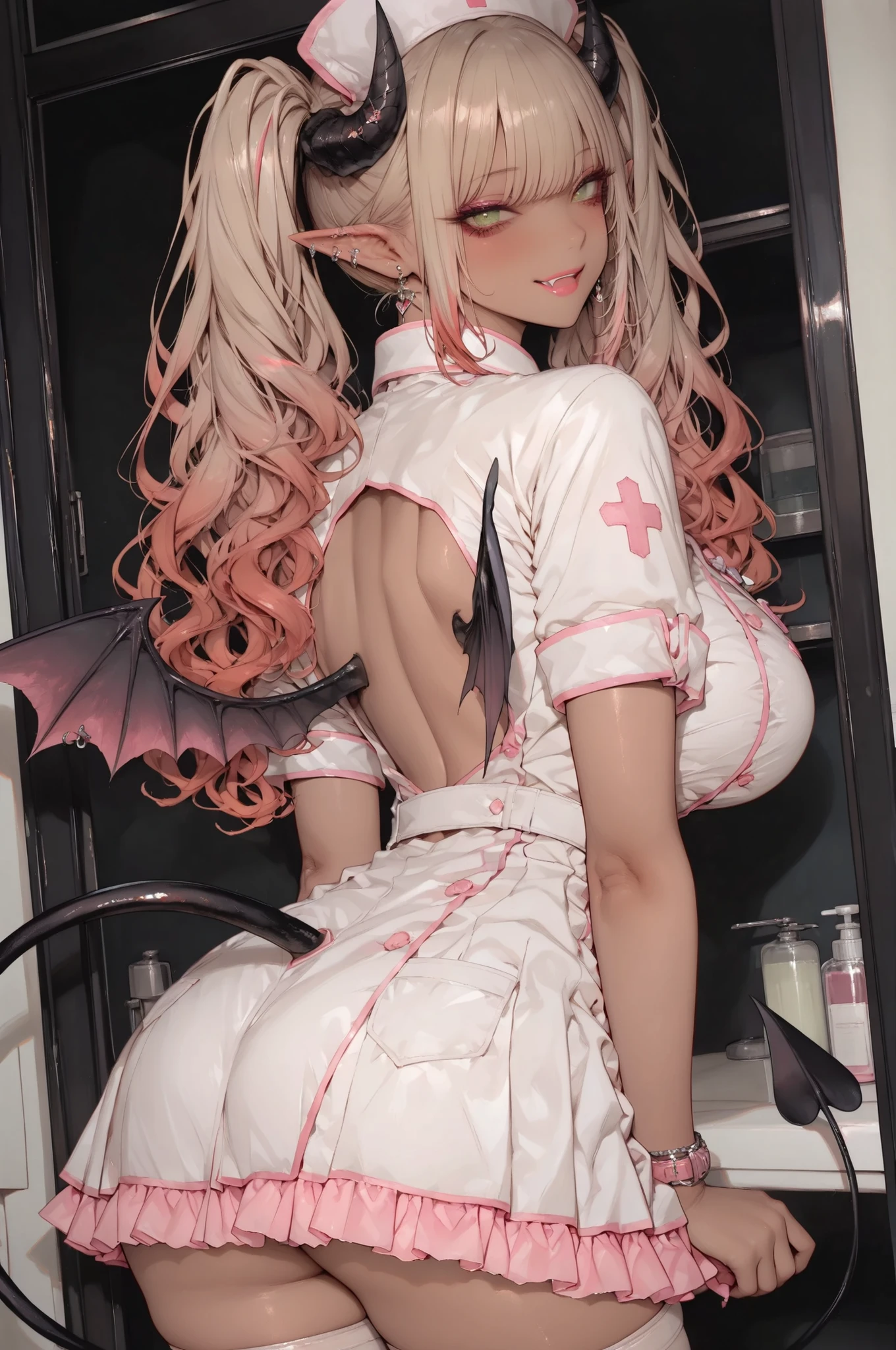 
masterpiece, best quality, high res, perfect lighting, absurdres,1girl,, (half body image), (back shot, from behind),(large breast),( ) ,gyaru nurse with dark background, long dyed reddish-brown hair with blonde highlights styled in trendy twin tails, pointed elf ears,black very small devil horns on head, bright green eyes with dramatic false eyelashes and winged eyeliner, flirtatious fanged smile with glossy lipstick, wearing modified White base with pink parts nurse clothes with skirt and thigh highs,fashionable bat wings on back, devil's tail,tanned skin typical of gyaru fashion,(), kogal fashion elements mixed with fantasy features,,,HDR,