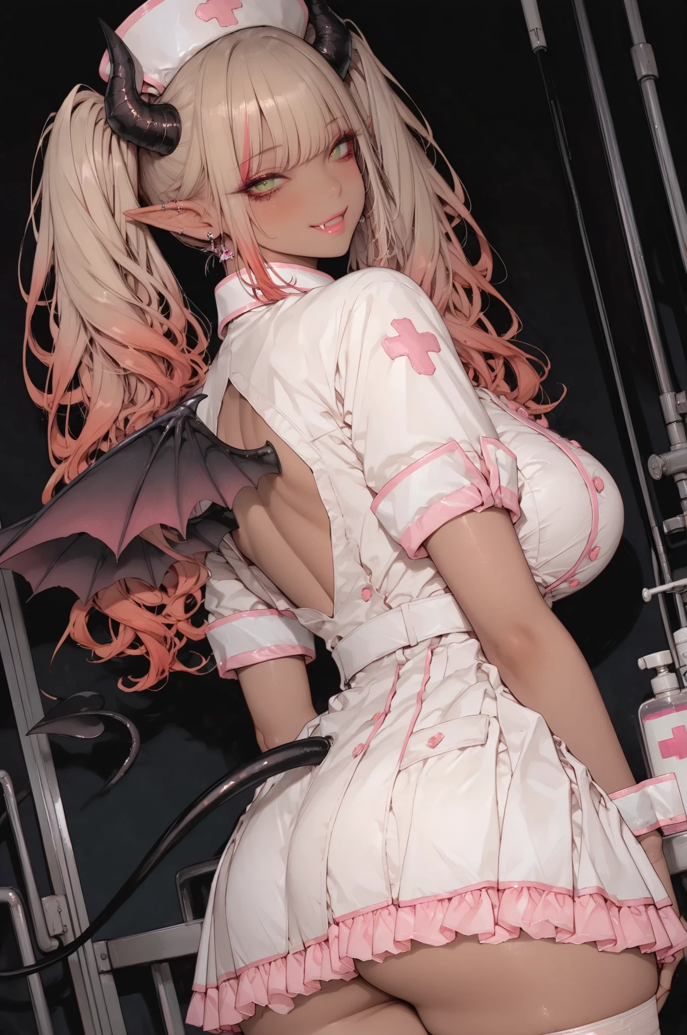 masterpiece, best quality, high res, perfect lighting, absurdres,1girl,, (half body image), (back shot, from behind),(large breast),( ) ,gyaru nurse with dark background, long dyed reddish-brown hair with blonde highlights styled in trendy twin tails, pointed elf ears,black very small devil horns on head, bright green eyes with dramatic false eyelashes and winged eyeliner, flirtatious fanged smile with glossy lipstick, wearing modified White base with pink parts nurse clothes with skirt and thigh highs,fashionable bat wings on back, devil's tail,tanned skin typical of gyaru fashion,(), kogal fashion elements mixed with fantasy features,,,HDR,