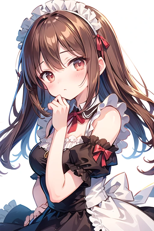 ((masterpiece)), ((best quality)), ((ultra detailed)), cute girl, brown long hair, beautiful brown eyes, maid costume, ribbons, angel wing, 🤍, ((simple white background))