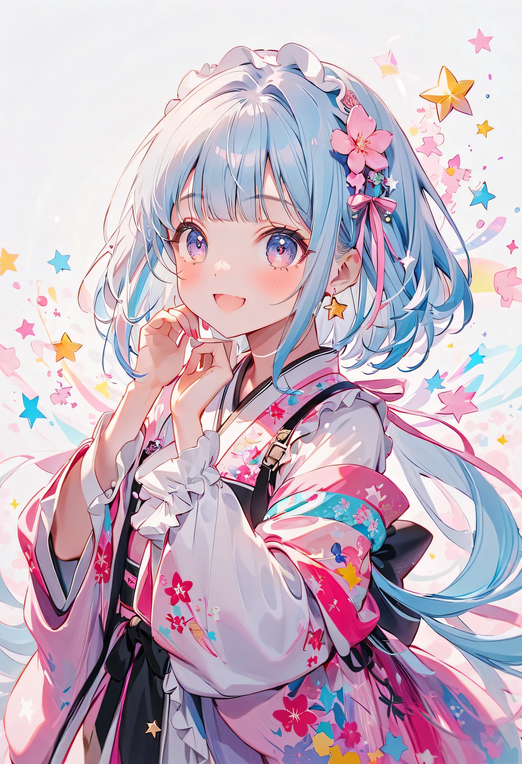 Narrow-shouldered young girl, (big eyes), best details, cute faces getting creampied, Playful Look, Beautiful appearance, through bangs, ((光沢のあるlight blue hair)) ,((bob hairstyle)), ((light blue hair)),,((UNIQUE STRAIGHT LONG HAIR)),beautiful attention to detail,((White Color Palette)),((襟に frills)), ((WEAR A COLORFUL AND CUTE GOTHIC LOLITA KIMONO COSTUME)), ((protruding shoulder, long wide cuffs)),(( Star Fairy)), ((wear a colorful and cute gothic kimono costume)), ribbon, frills, smile, and opening their mouths small, cutest girl in the world, star background, best details , 虹とribbonの髪飾り, Virtual YouTuber Character Design, neon, sparkle, Sparkling, Flower