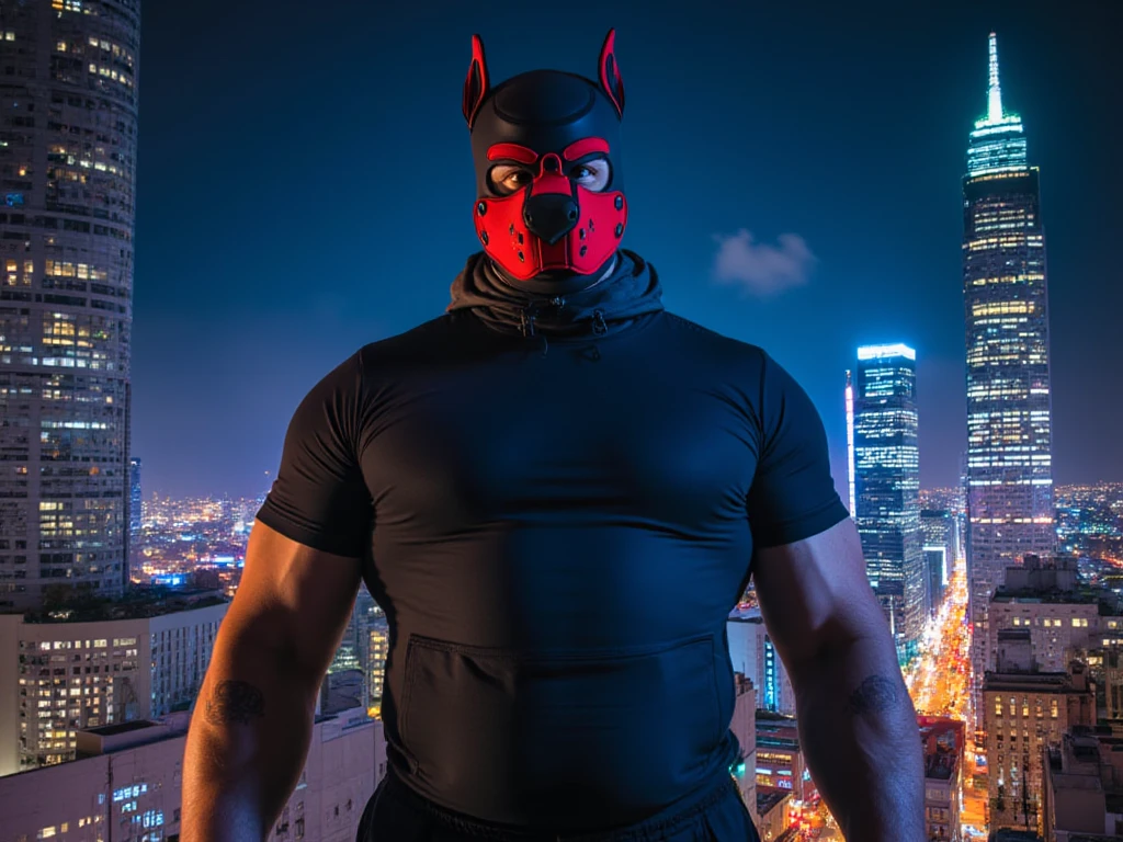 Pup mask with red and black designs and ears. A nude muscular man standing in the shower. The room is dark and Moody. He is wearing a pup mask with bikes and the colors are red and black.