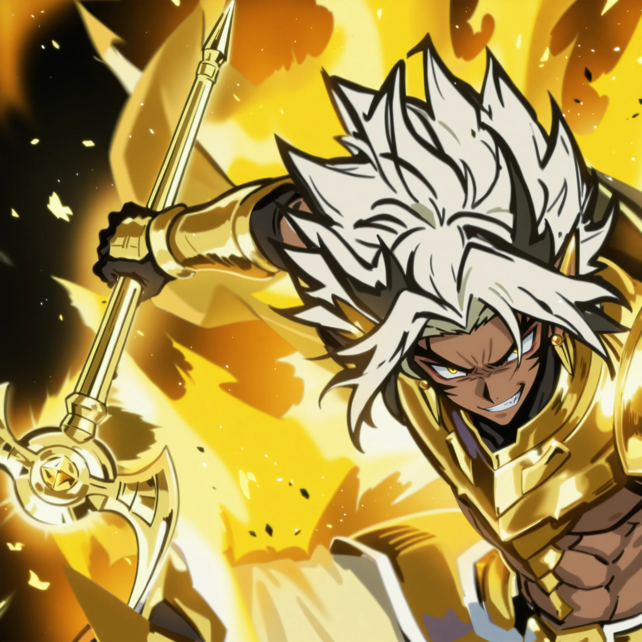 masterpiece, better quality, amazing quality, tanned skin, gold armour , griffes d'or, evil character from the anime Millennium Rod, Personnage masculin, Anime evil character,