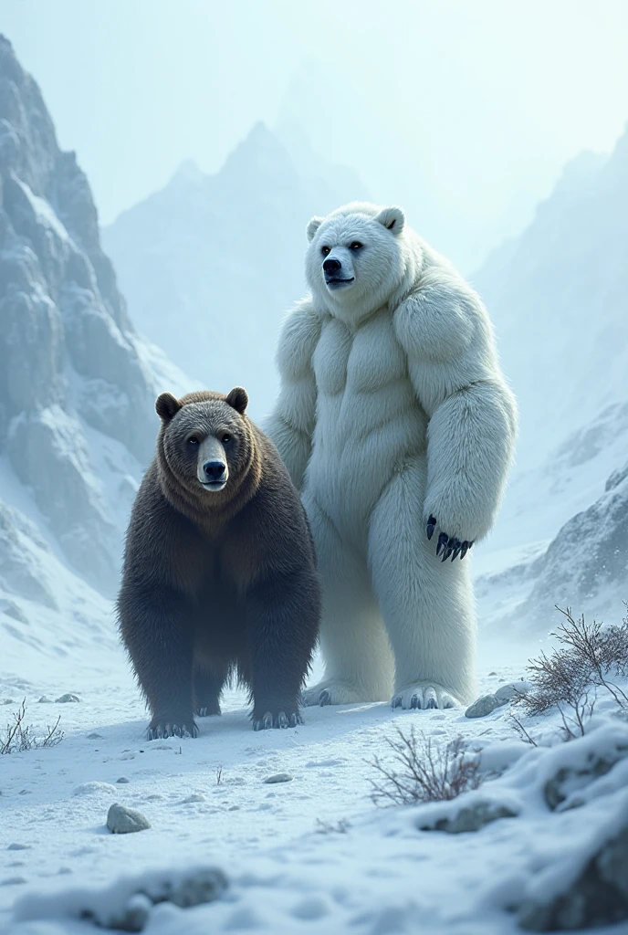 Polar bear stands looking at the sky Medium muscular, frozen planet setting, snowstorm , zoomed in on crotch, , chunie, darkgem