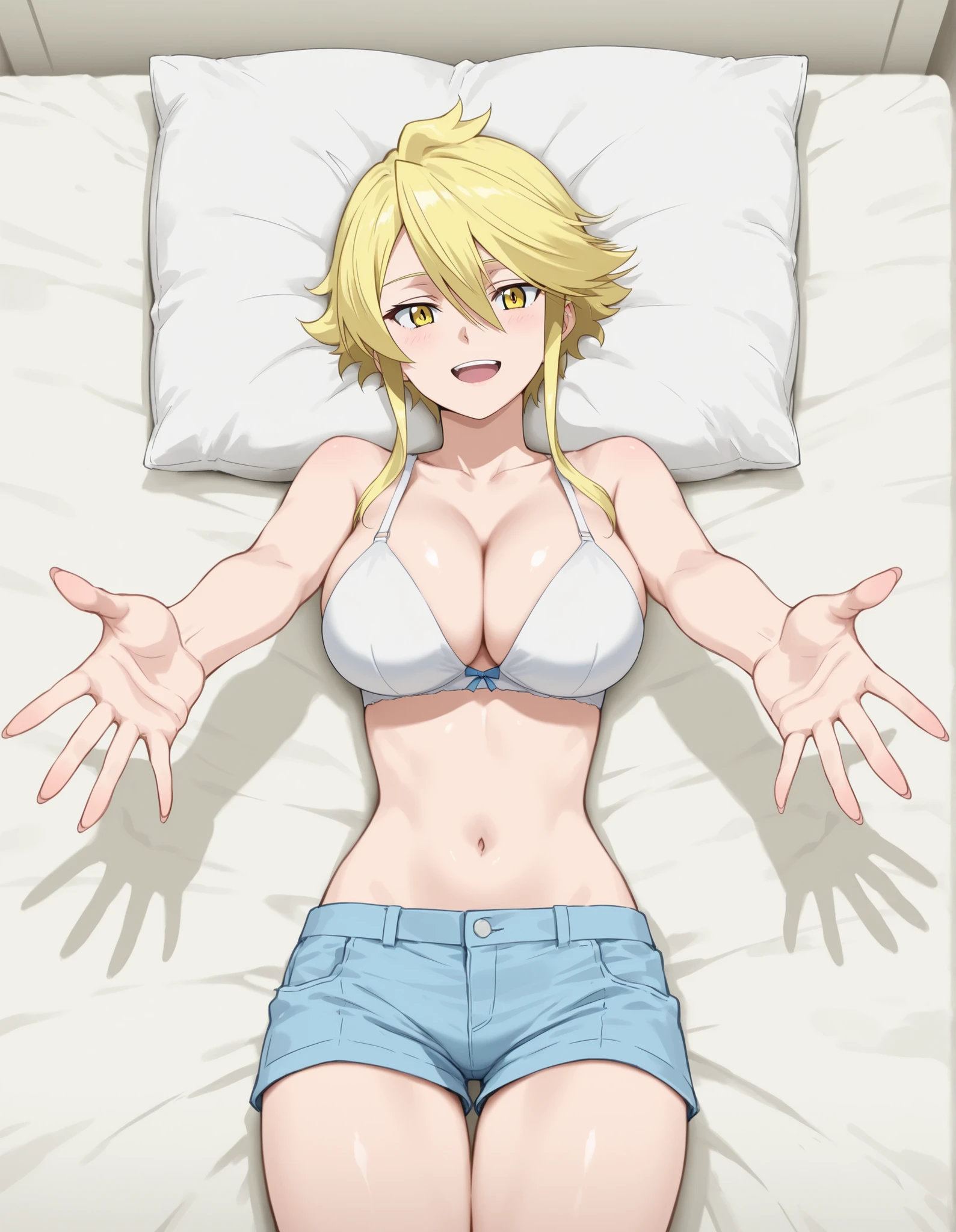 aaleone, sexy, blue short pants, lay on bed, white bra