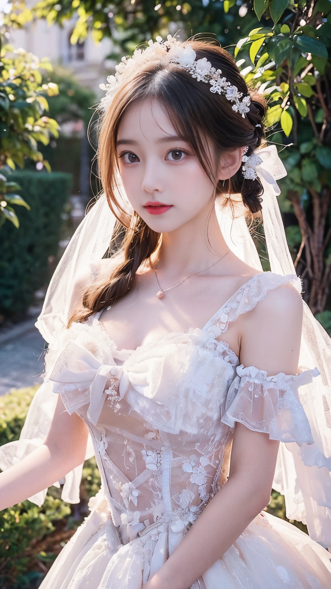 Detailed depiction of a white Lolita girl , Wearing an exquisite puffy princess dress , Elegant and dreamy appearance , Looking forward , Delicate and delicate face , Gentle and beautiful expression , Surrounded by soft light ,The background is an elegant palace, Delicate and exquisite texture , Like a real oil painting , High-resolution ultra-high-definition photography , 4K professional-grade portrait , Romantic and beautiful sci-fi feeling ,comes to life,Extreme Details