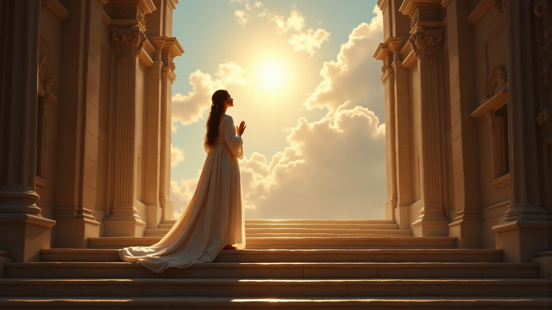 A beautiful young woman with long wavy brown hair, facing forward, kneeling gracefully on a glossy marble floor inside a majestic cathedral. She wears a flowing pure white strapless dress. Her face is visible, with a serene and peaceful expression. The entire scene is filled with divine, bright white light streaming through stained glass windows. The atmosphere is ultra-bright, pure, ethereal, angelic, glowing with heavenly energy, no shadows, soft focus, dreamy cinematic style, high-definition realism.

--style: ultra bright, facing forward, divine light, ethereal, cinematic, soft glow, dreamy, hyper realistic
--neg: turned away, back view, hidden face, shadows, dark tones, blur, noise, unnatural colors, harsh contrast, cold light, gloomy mood