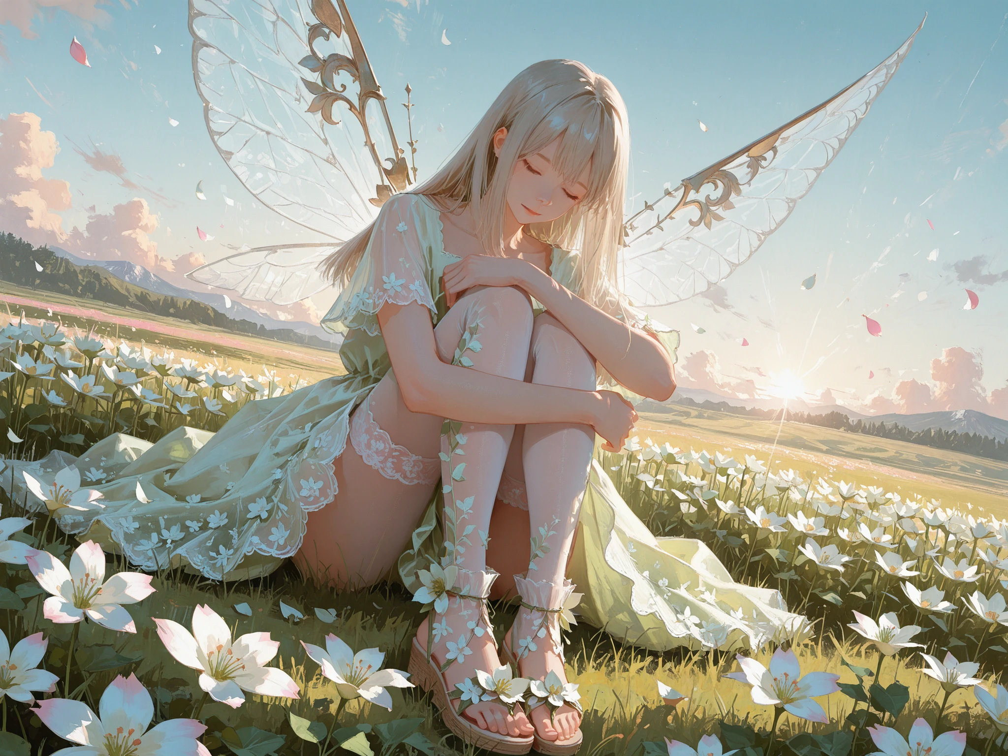 medium shot, dutch angle, makes an aesthetic, Master piece, Best Quality, ultra detailed, a beautiful detailed fairy girl, platinum blonde long hair, silky straight hair, close eyes, light-smiling, cute-colored fairy dress, short and semi-transparent lace-trimmed leggings beneath dress, gossamer wings, flower sandals, sitting, hugging own legs, morning, field of flowers, (petal:1.4), Various flowers in sparse bloom, greenery