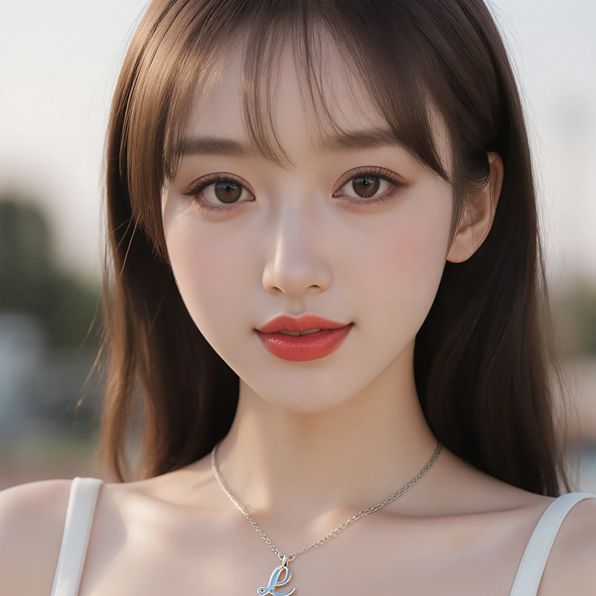 Narrow waist ,Perfect body ,(Masterpiece, high quality, high resolution, Realistic photo, 4k, photography), Beautiful woman from 20 to 29 years old, Full face photo,  with light eyes , beautiful breasts, and detailed face,  cute smile , beautiful butt , angelic look, Beautiful legs, great detail of her body and face in a sensual and erotic pose. Great detail of the background and environment. Beautiful girl with very large breasts (D or DD), red lips, long loose hair, and a necklace with a pendant with the letter "l". looking at the spectator. Photograph of a young and attractive woman, of an athletic and sensual figure. with a plunging neckline. Beautiful and sensual model in erotic and sexual pose. Photograph of an attractive slender and glamorous woman. The environment seems to be outdoor, o open environment.

