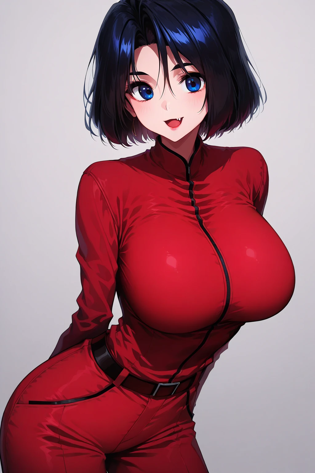 nsfw:1.5,Optimal，masterpiece，High resolution，Highest quality，Hyper HD，Very detailed，Award-winning，16K，alone，(Cowboy Shot)、Cute Face，，Black Hair、Bobcut、 Hairline，（（Scarlet Eyes）），Long eyelashes，Drooping eye corners，Are standing、Spread your legs、Thin legs、White skin，((Shooting from the side)), ((Wearing a tight latex suit:1.5)), ((Transparent nipples))、rocket  , ((Big Breasts:1.5)),