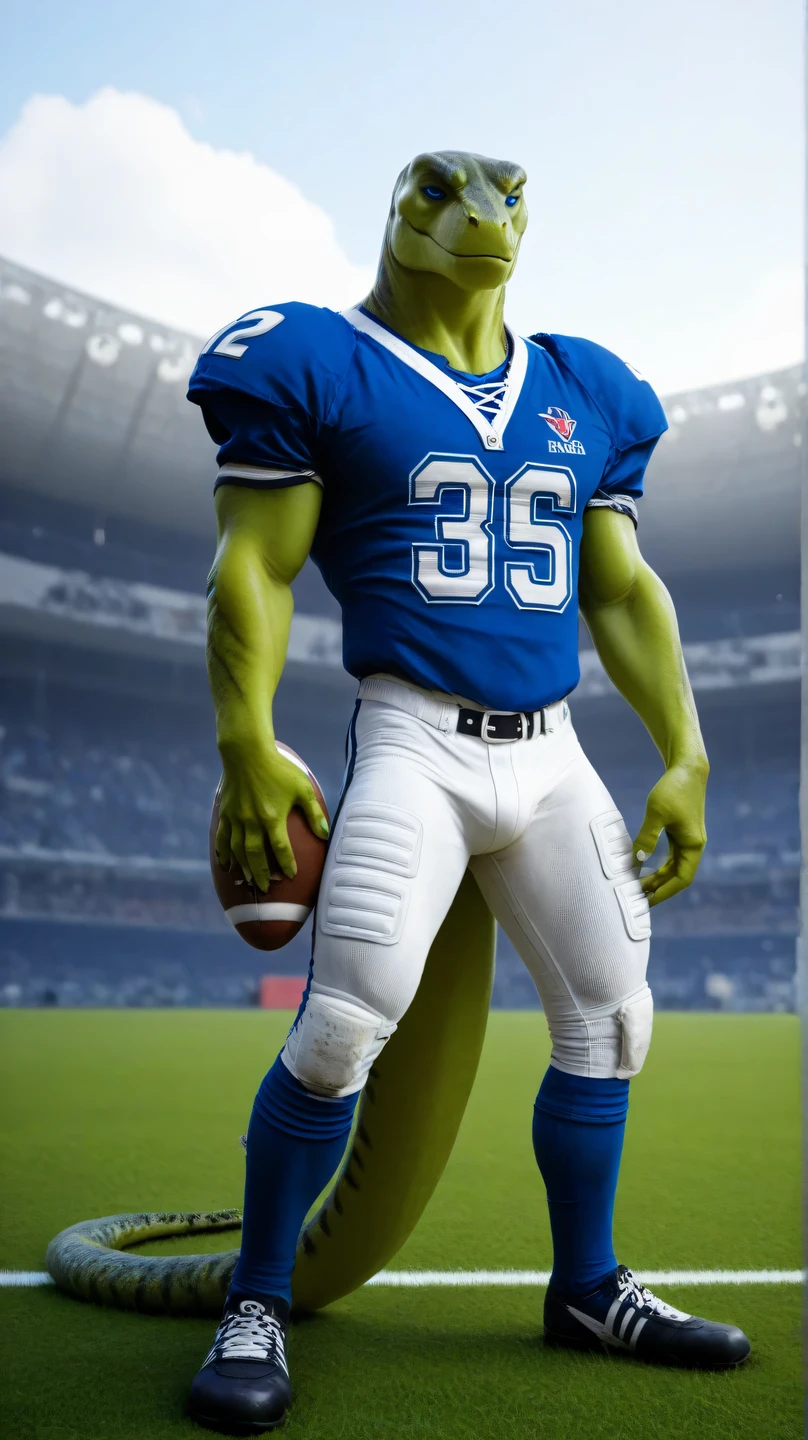 male green lizard ,blue eyes, muscular body, Alone, without humans, in an american football stadium, Sky blue, white clouds, is in front of the spectator , wearing an american football uniform, blue american football jersey, white lycra soccer pants,arrogant expression, standing, with legs apart, front pose, lizard tail, seductive, Nice Guy , sunny day, Front View , full body striped skirt