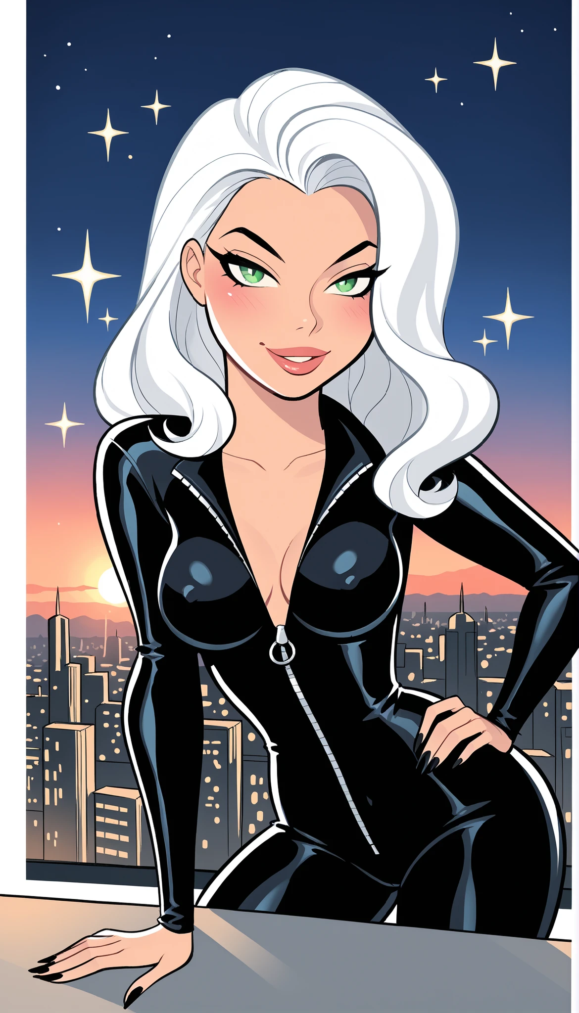 Estilo Bruce Timm e,((Black Cat from Marvel's Spider-Man)), obra-prima, melhor qualidade, ultradetalhado, only, uma garota, estilo anime, linear crisp and clean, Cores fortes,
{(Sensual curvaceous figure), (seios grandes, cintura fina, Seductive proportions), (bright and tight black jumpsuit with an open zipper to show the neckline), (long white hair fluttering with the night wind), (sharp black nails), (soft and shiny lips with a provocative smile), (glowing green eyes fixing the viewer)},
{(top focus on the upper body, Sensual pose with one hand on hip, the other hand resting against hers playfully shaped), (leaning forward slightly to emphasize the neckline and curves)},
((nighttime roof background)), (city skyline glowing with neon and moonlight), (soft shadows on her body, sparkle in the tight outfit), (wind gently blowing her hair), (seductive and mysterious aura), Sensual, confiante, energy of Femme Fatale, atmosfera sedutora