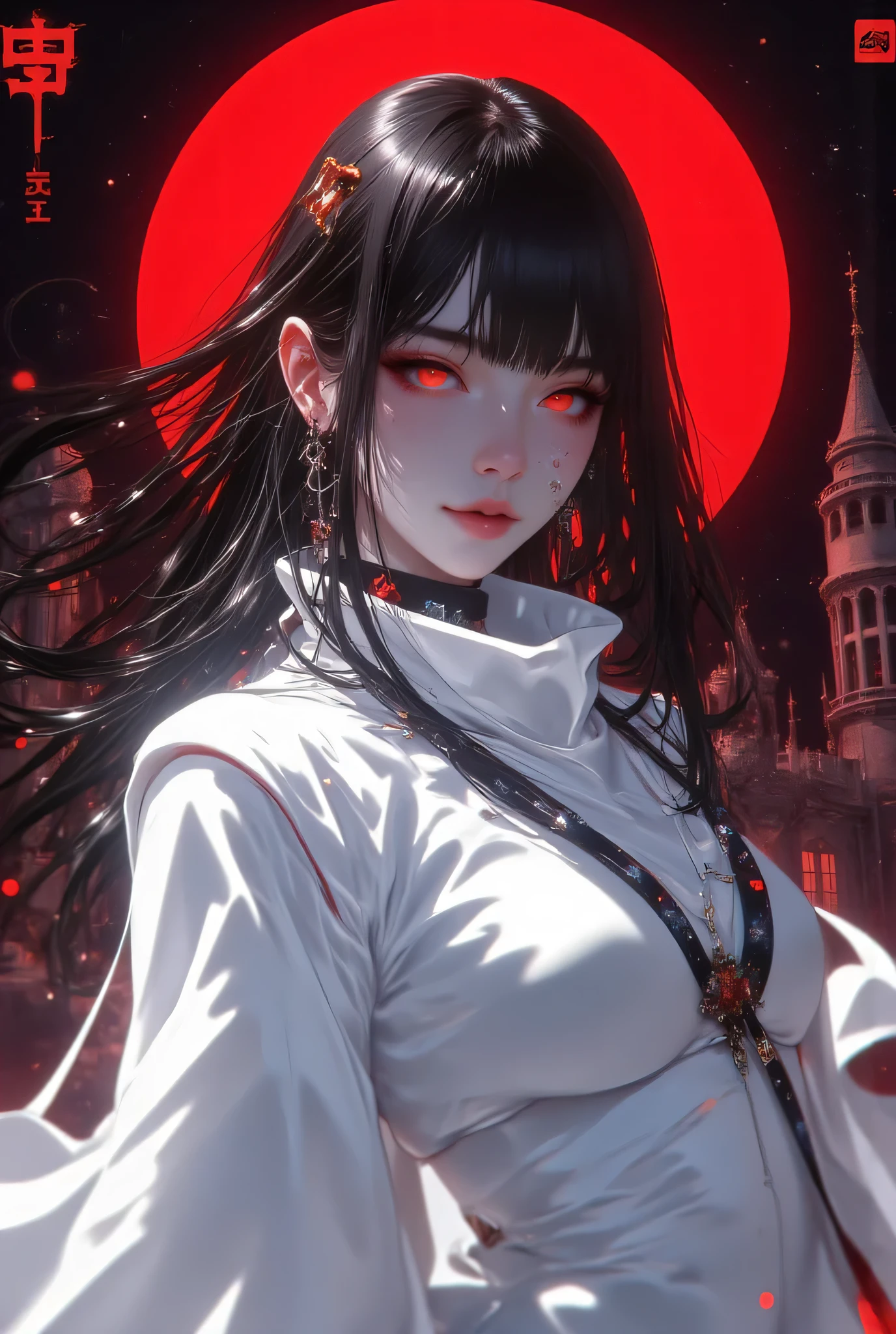 realistic, (1girl:1.5), (ghost girl:1.8),(white ghost skin), girl in ghost suit, white clothing, masterpiece, full body view, hourglass figure, ancient spooky castle atmosphere, (spooky castle backgroud:1.7), red moon, night time, stars, strict expression, perfect face, detailed face, long black hairs, detailed eyes, red shiney eyes, hd, hdr, best quality, lots of details, ultra sharp, ultra detailed, colorful, (mesmerizing eyes:1.4), (captivating smile:1.3), perfect proportions:1.3), (radiant complexion:1.3), (alluring gaze:1.3), (feminine charm:1.4), (timeless beauty:1.4), (highly detailed:1.4), (sharp focus:1.3), (soft lighting:1.3), (dreamy atmosphere:1.3), (rich color palette:1.3), (complementary colors:1.2), (8k resolution:1.3), (octane render:1.3), (ray tracing:1.2), (HDR:1.2), (photorealistic:1.4), (masterpiece:1.5), (award-winning:1.4), (trending on Artstation:1.3),(global illumination:1.2), (hyper-detailed skin texture:1.4), (enchanting:1.4), (mesmerizing:1.4), (unforgettable:1.3), (masterpiece), (best quality), (ultra-detailed), very aesthetic, illustration, disheveled hair, perfect composition, moist skin, intricate details, concept art, digital artwork, illustrative, painterly, matte painting, highly detailed
