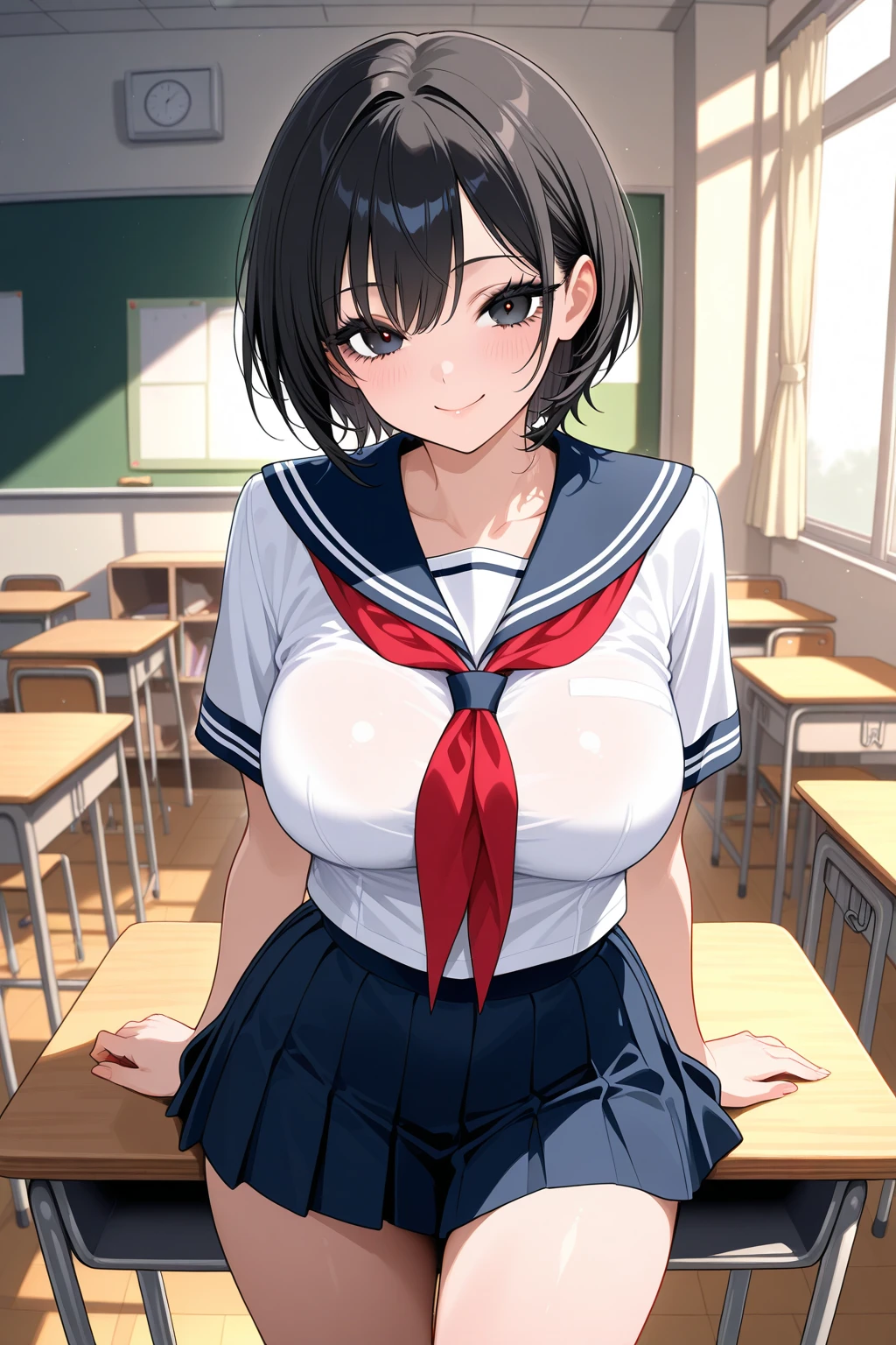 katoumegumi, megumi katou, brown hair, short hair, (brown eyes:1.7), 
BREAK miniskirt, , skirt, sailor uniform, serafuku,
BREAK looking at viewer,
BREAK indoors, classroom,
BREAK (masterpiece:1.2), best quality, high resolution, unity 8k wallpaper, (illustration:0.8), (beautiful detailed eyes:1.6), extremely detailed face, perfect lighting, extremely detailed CG, (perfect hands, perfect anatomy),Nipples are visible、