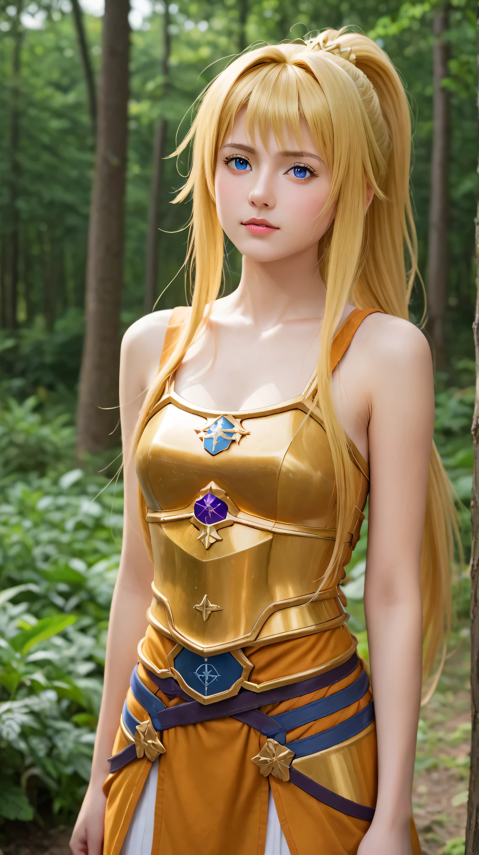 1girl, solo,alice zuberg,blue eyes,blonde hair,outdoors,potrait,medium breast,(nature backround),(gold armor:1.5),long hair,front view,potrait,close up,wear sarong,standing still,Masterpiece, best quality, 8k, ultra high resolution, cinematic composition,forest,ponytail,bare shoulder